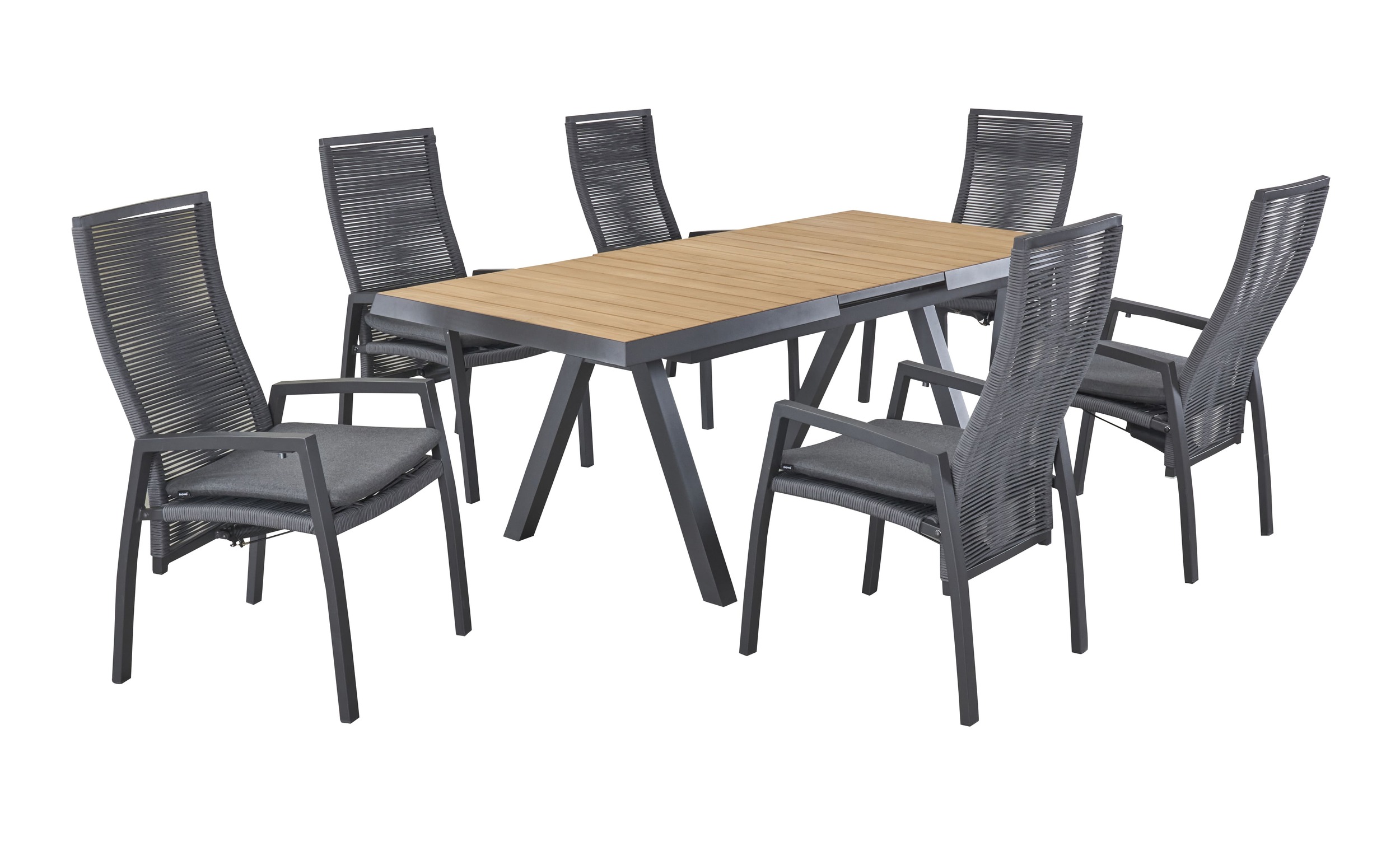 LC Garden »Kumaso« Gartenset VII 7tlg. Esstisch 160/210x90cm Aluminium/Teakholz + 6 Gartenstuhl anthrazit/grau Aluminium/Rope Positionsstuhl