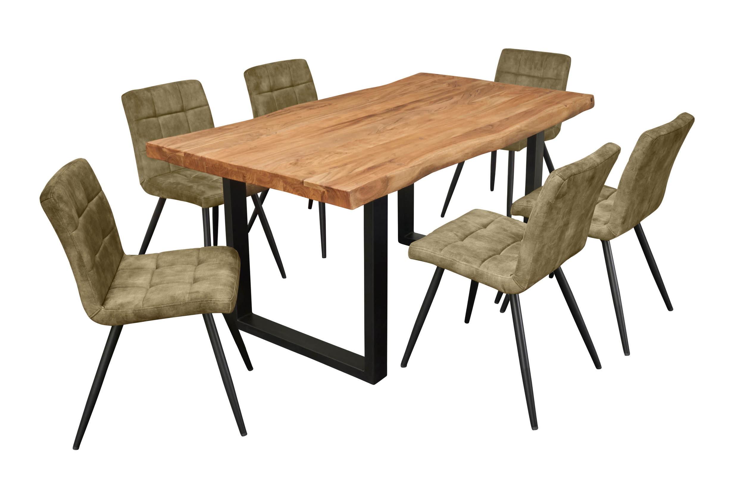 LC Home Essgruppe Moderner 7tlg. Esstisch Akazie U-Gestell 180cm + 6x Esszimmerstuhl Samtbezug Olive