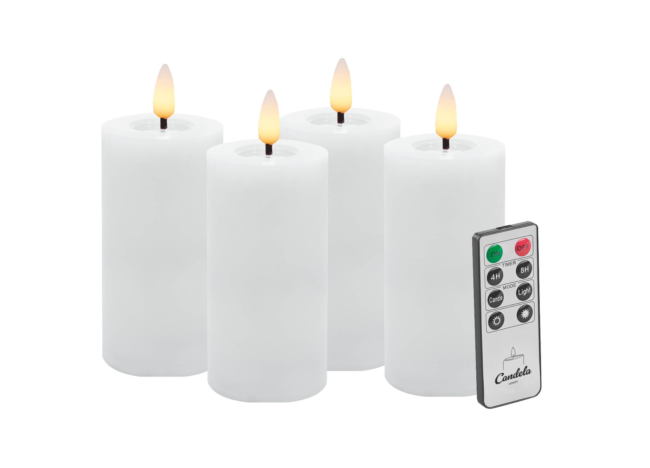 Candela LED Kerzen 4er Set H:10xØ5cm Winter weiß glatt Echtwachs mit Fernbedienung Timer Funktion & mehrstufig dimmbar flammenlos Echtwachskerzen Stumpenkerze