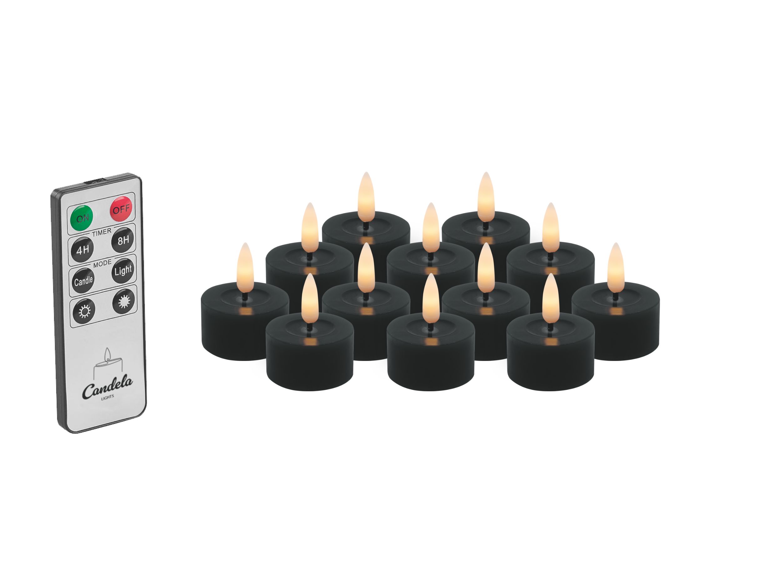 Candela Lights LED Kerzen 12er Set Ø4,5cm Winter schwarz glatt Echtwachs Teelicht mit Fernbedienung & Timerfunktion Flammenlose flackernde LED-Kerze mehrstufig dimmbar