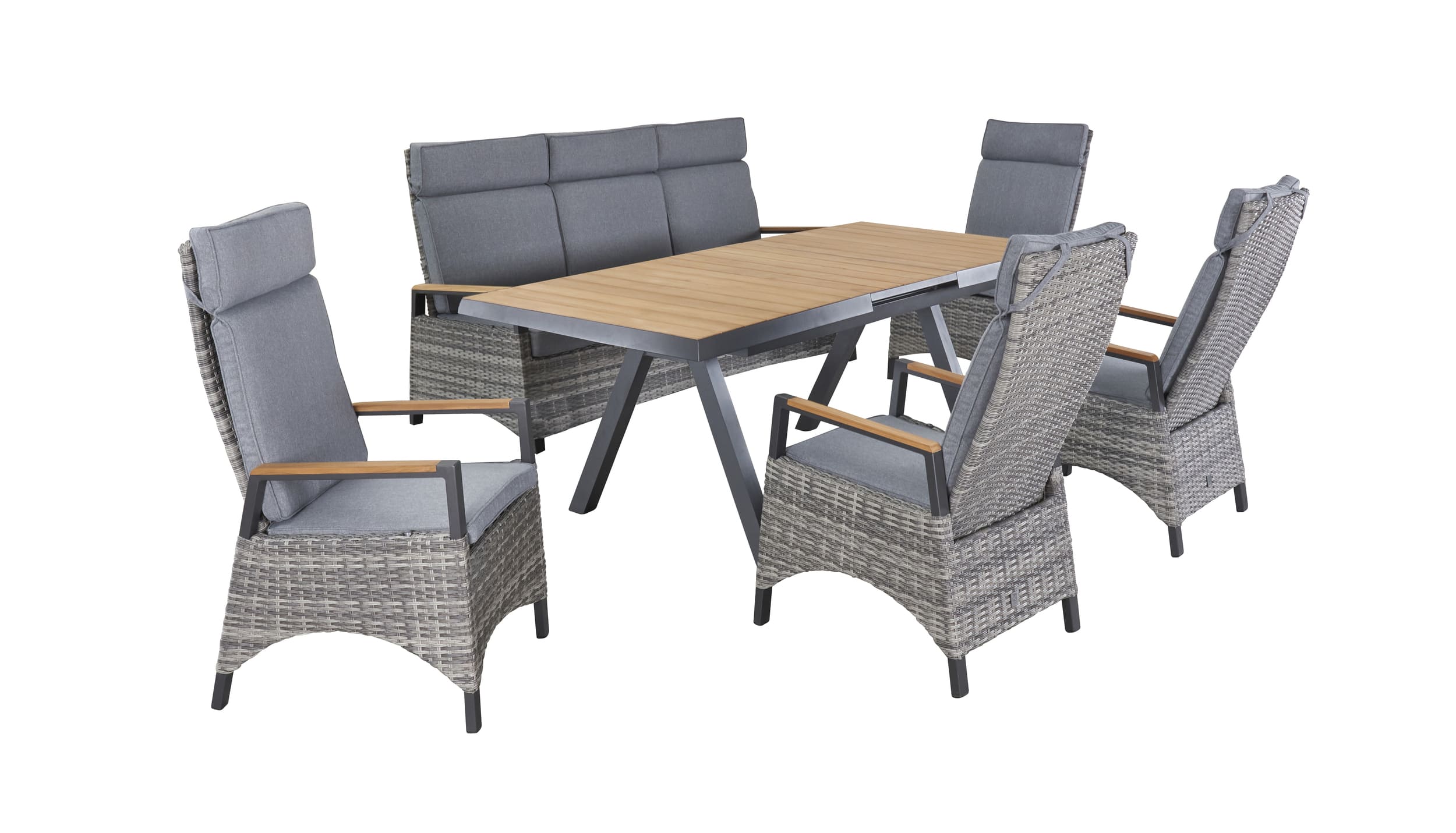 LC Garden »Kumaso« Gartenset VI 6tlg. Esstisch 160/210x90cm Aluminium/Teakholz + 4 Positionsstühle + 3-Sitzer Sofa mit Teak-Armlehne