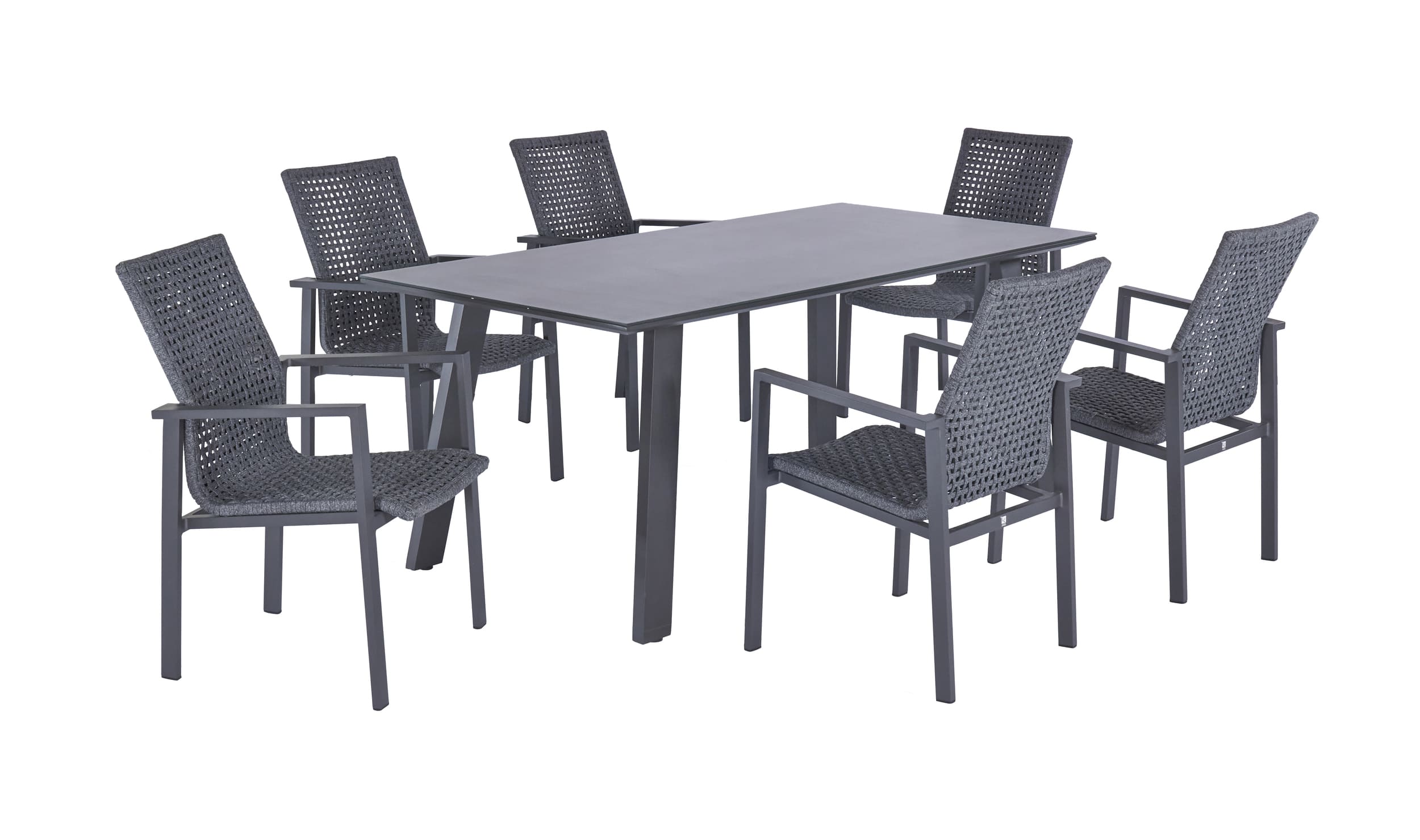 LC Garden »Sunrope« I Gartenset 7tlg. Anthrazit Esstisch 180x100cm Aluminium/Keramik + 6x Stapelstuhl Rope Sitzgruppe LC Garden »Sunrope« I Gartenset 7tlg. Anthrazit Esstisch 180x100cm Aluminium/Keramik + 6x Stapelstuhl Rope Sitzgruppe