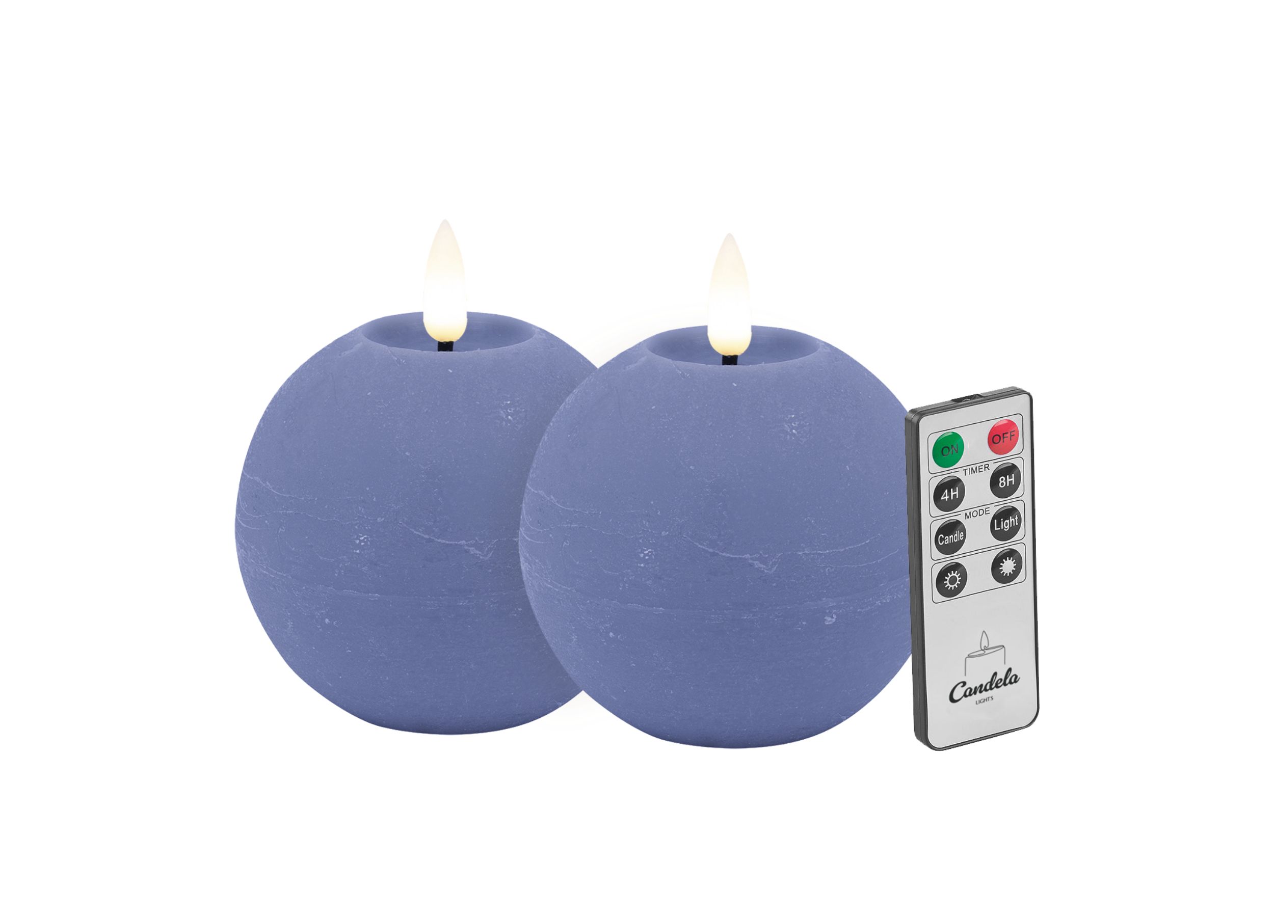 Candela LED Kerzen 2er Set H:8xØ10cm blau rustic Echtwachs mit Fernbedienung Timer Funktion & mehrstufig dimmbar flammenlos Echtwachskerzen Kugelkerze