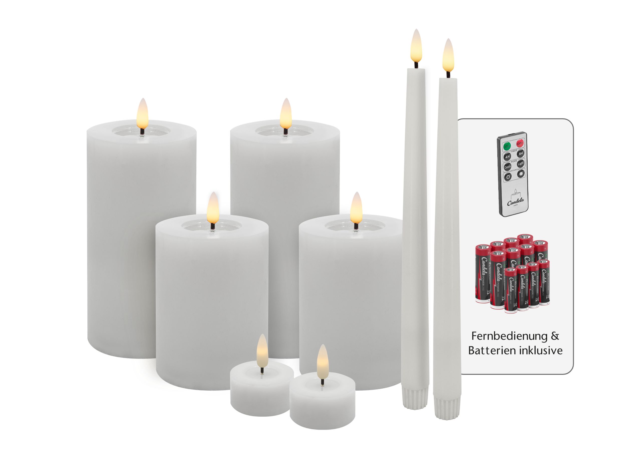 Candela Lights LED Kerzen 8er Set Winter Weiß glatt Echtwachs inklusive Fernbedienung und Batterien Timer Funktion & mehrstufig dimmbar flammenlos Echtwachskerzen Stumpenkerzen