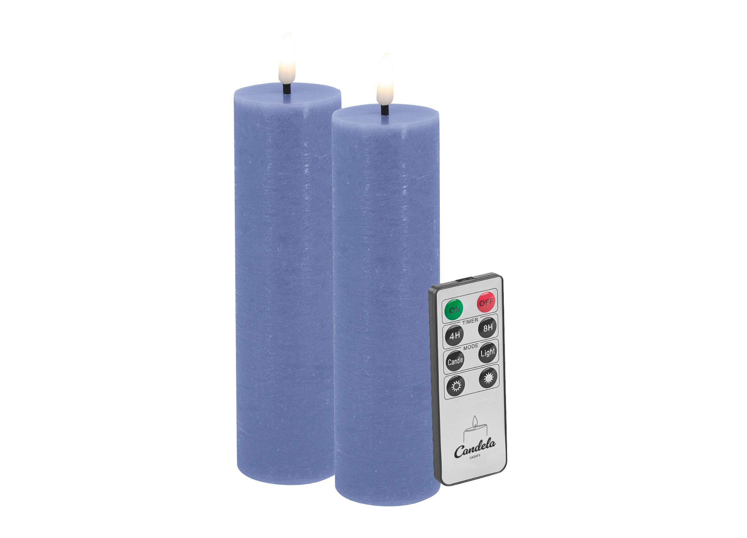 Candela LED Kerzen 2er Set H:17,5xØ5cm blau rustic Echtwachs mit Fernbedienung Timer Funktion & mehrstufig dimmbar flammenlos Echtwachskerzen Stumpenkerze