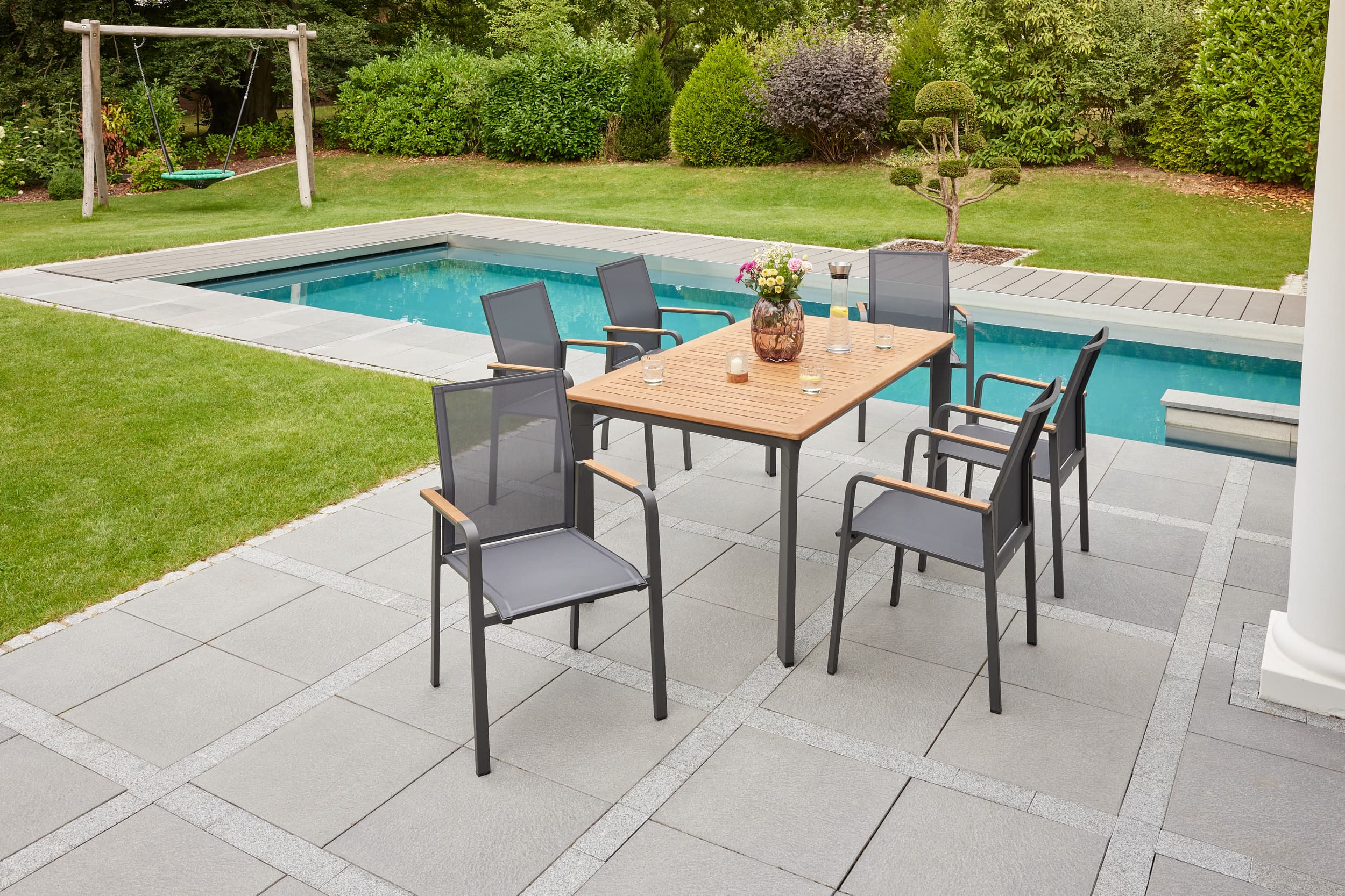 LC Garden 8er Set »Unicamo Sunrest« Stapelstuhl Textilen anthrazit/anthrazit Teakholz Gartenstuhl