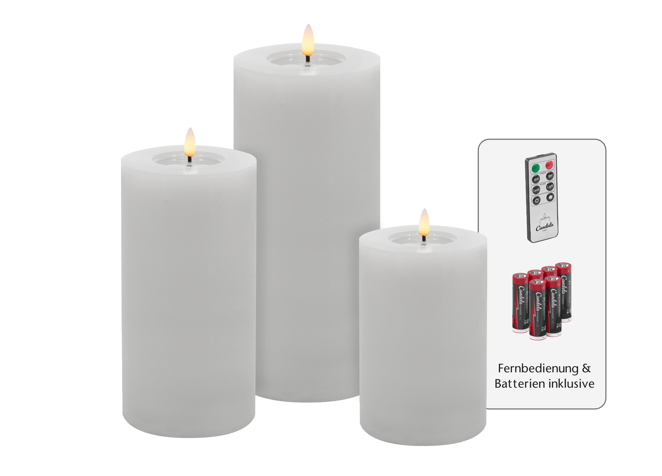Candela Lights LED Kerzen 3er Set Stumpenkerze weiß  Echtwachs mit Fernbedienung Timer Funktion & mehrstufig dimmbar bewegliche Flamme Echtwachskerzen Candela Lights LED Kerzen 3er Set Stumpenkerze weiß  Echtwachs mit Fernbedienung Timer Funktion & mehrstufig dimmbar bewegliche Flamme Echtwachskerzen