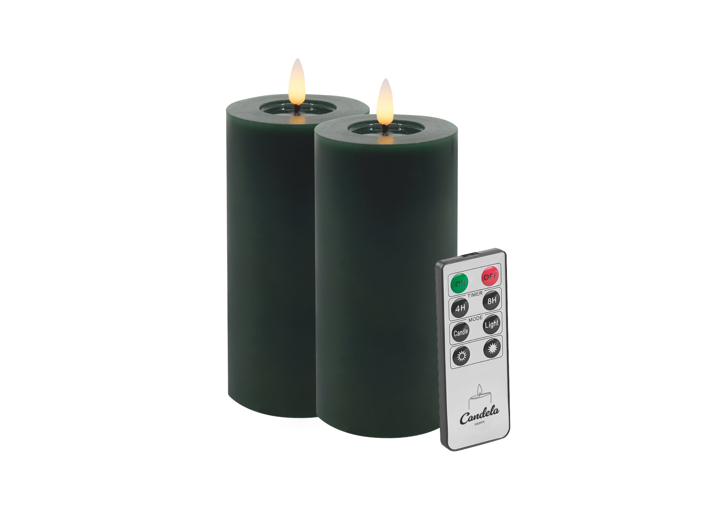 Candela LED Kerzen 2er Set H:15xØ7,5cm Winter Green Smooth-Finish Echtwachs mit Fernbedienung Timer Funktion & mehrstufig dimmbar flammenlos Echtwachskerzen Stumpenkerze