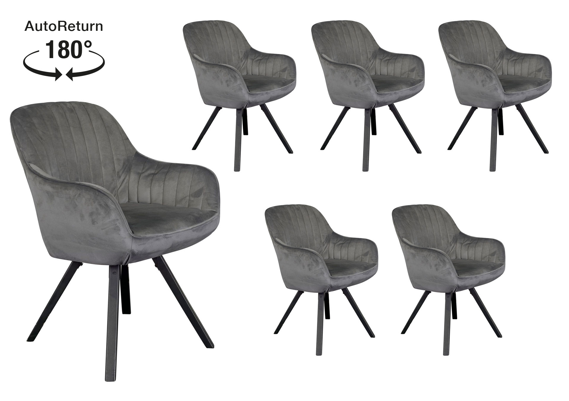 LC Home 6er Set Esszimmerstuhl Drehstuhl »Trevina« Samt Dunkelgrau Polsterstuhl