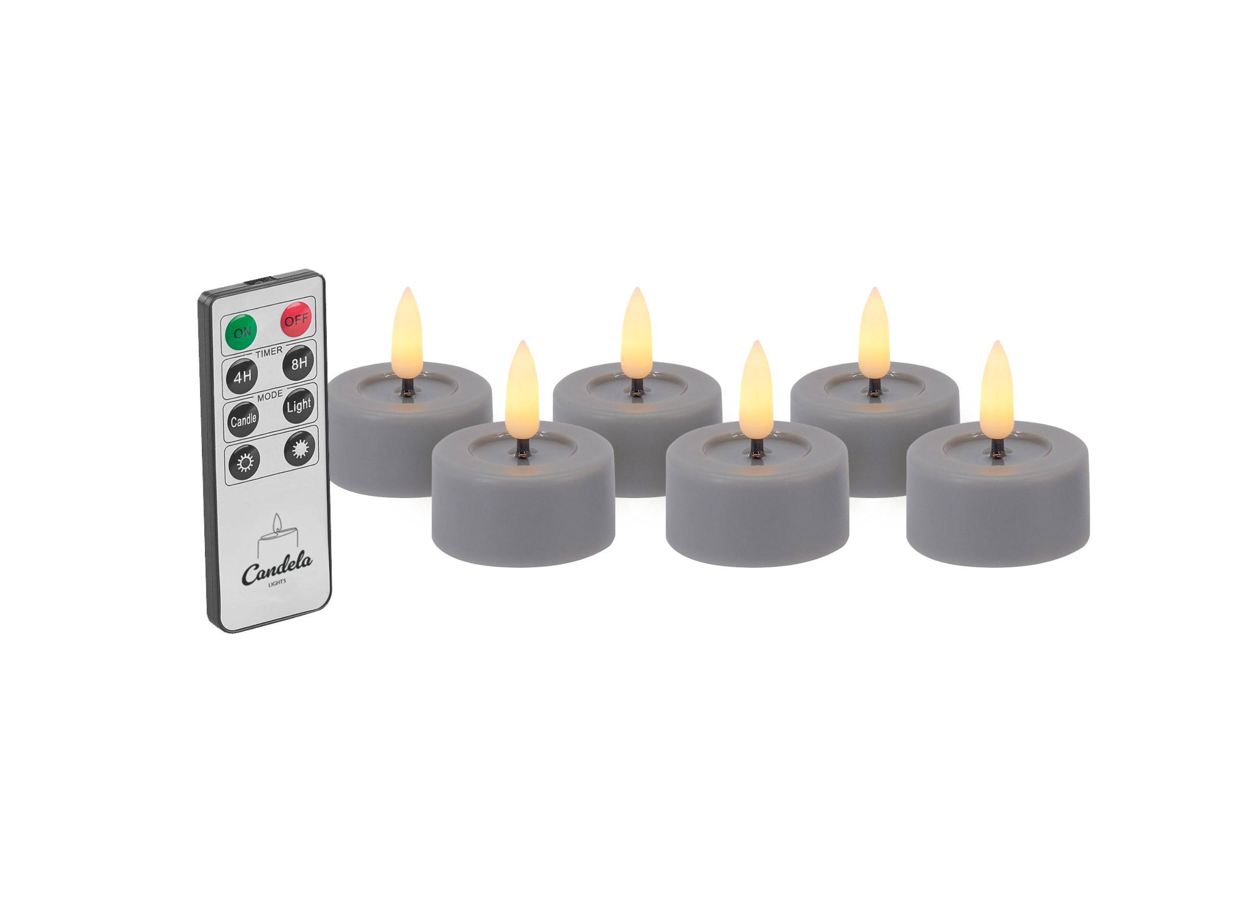Candela Lights LED Teelicht 6er Set Ø4,5cm rustic grau mit Fernbedienung Timer Funktion & mehrstufig dimmbar flammenlos Teelicht