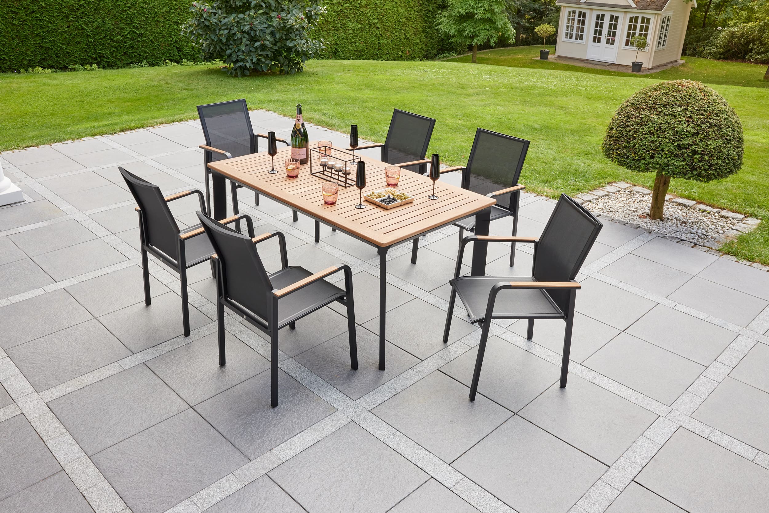 LC Garden »Unicamo Sunrest« Dining Set III Textilen schwarz Teakholz 7tlg. Sitzgruppe Gartenset