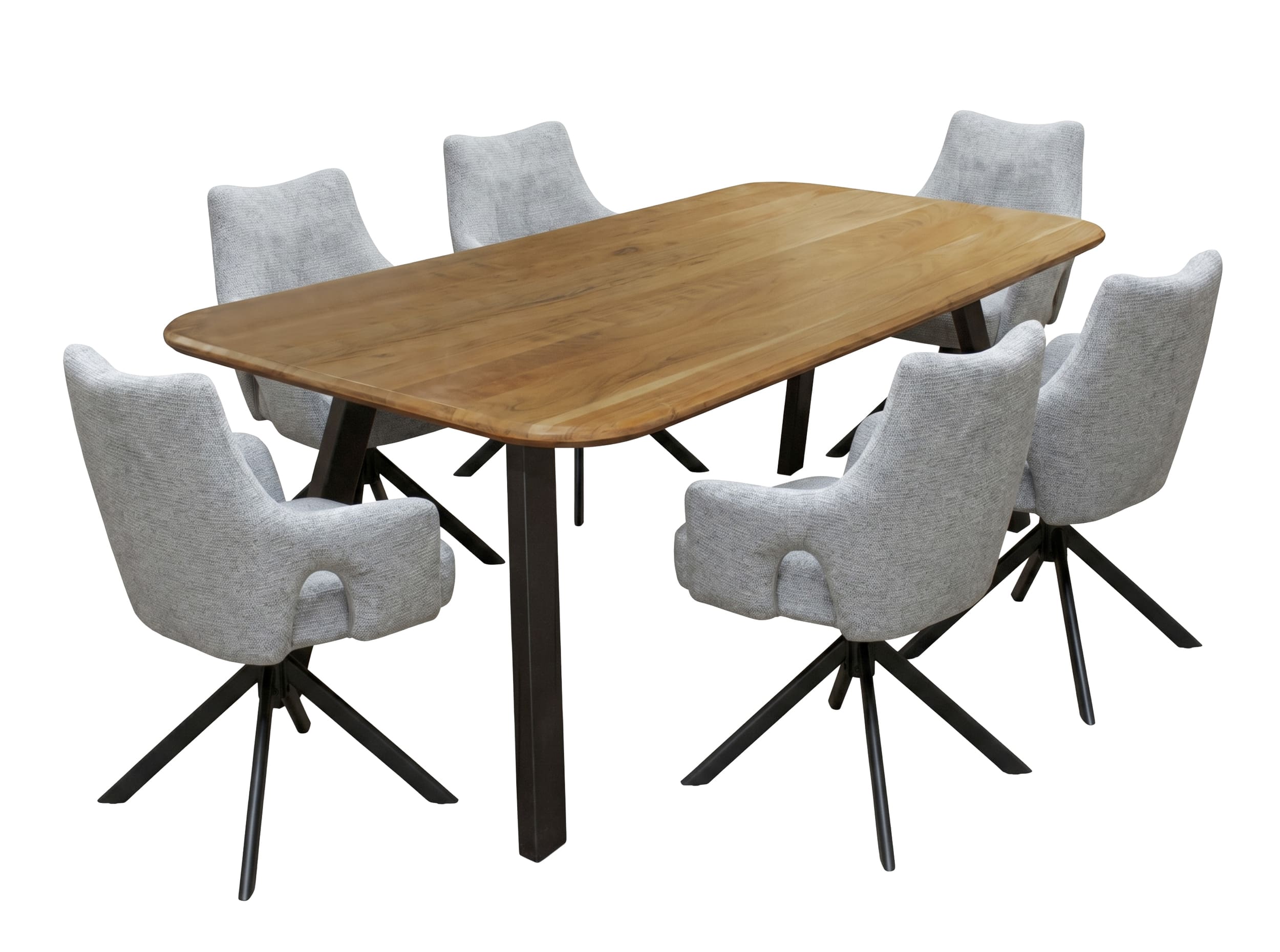 LC Home Essgruppe Livrono 7tlg. Esstisch Akazie Metallgestell 215x100cm + 6 Esszimmerstühle Livrono Grau