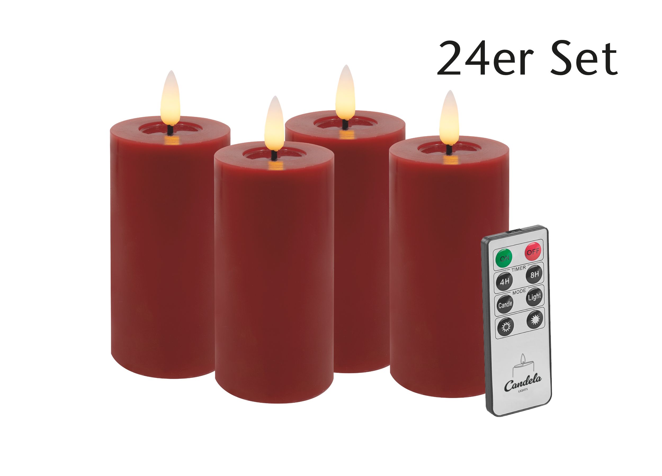 Candela LED Kerzen 24er Set H:10xØ5cm Winter rot glatt Echtwachs mit Fernbedienung Timer Funktion & mehrstufig dimmbar flammenlos Echtwachskerzen Stumpenkerze
