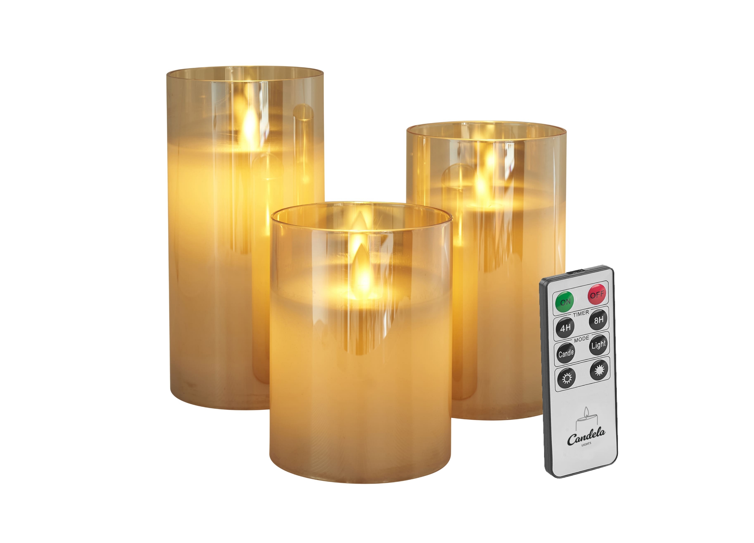 Candela Lights LED Kerzenglas 3er Set Gold Echtwachs inkl. Glas mit Fernbedienung Timer Funktion & mehrstufig dimmbar bewegliche Flamme Echtwachskerzen