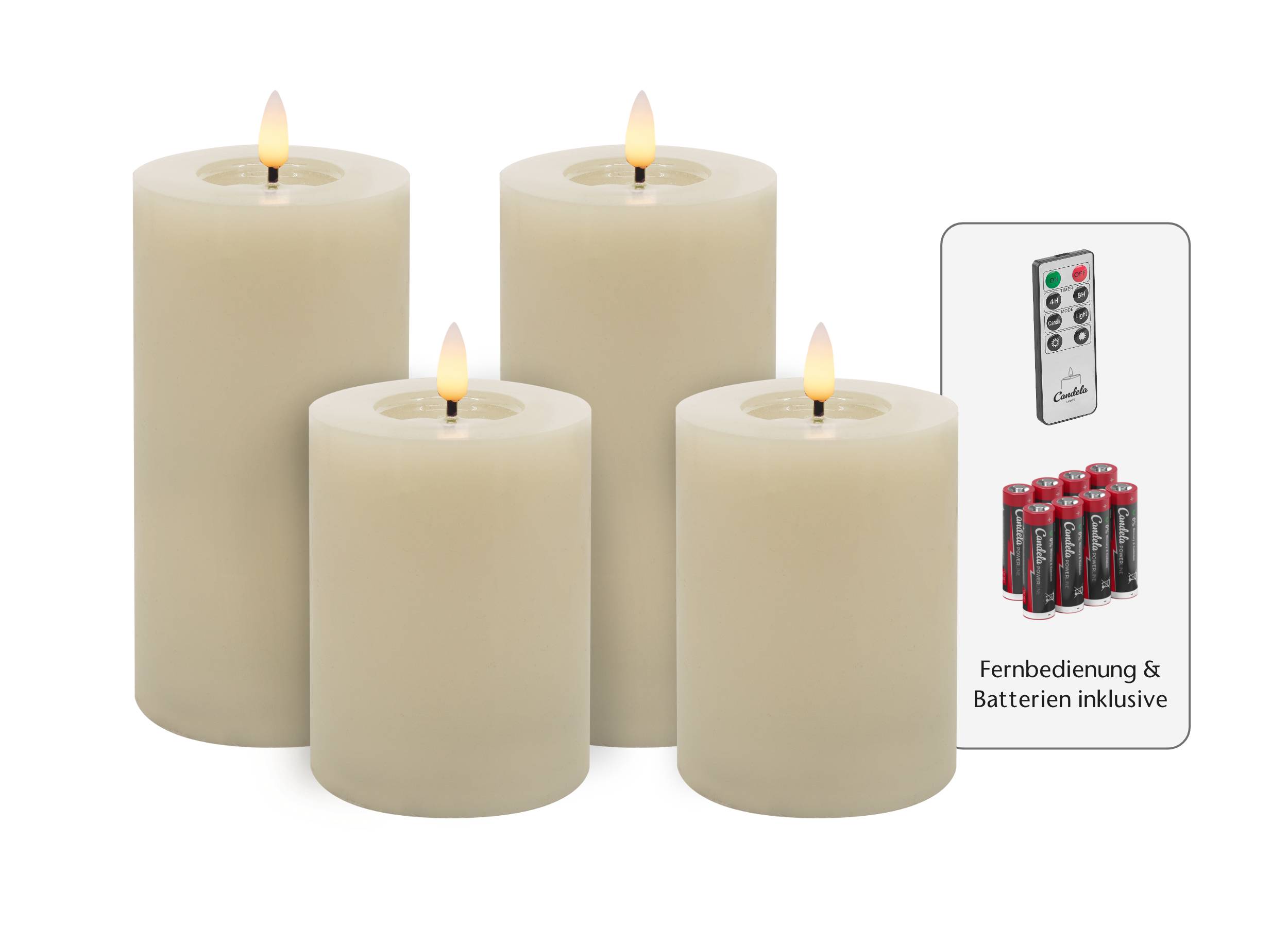 Candela Lights LED Kerzen 4er Set Winter Cream glatt Echtwachs inklusive Fernbedienung und 8 Batterien Timer Funktion & mehrstufig dimmbar flammenlos Echtwachskerzen Stumpenkerzen