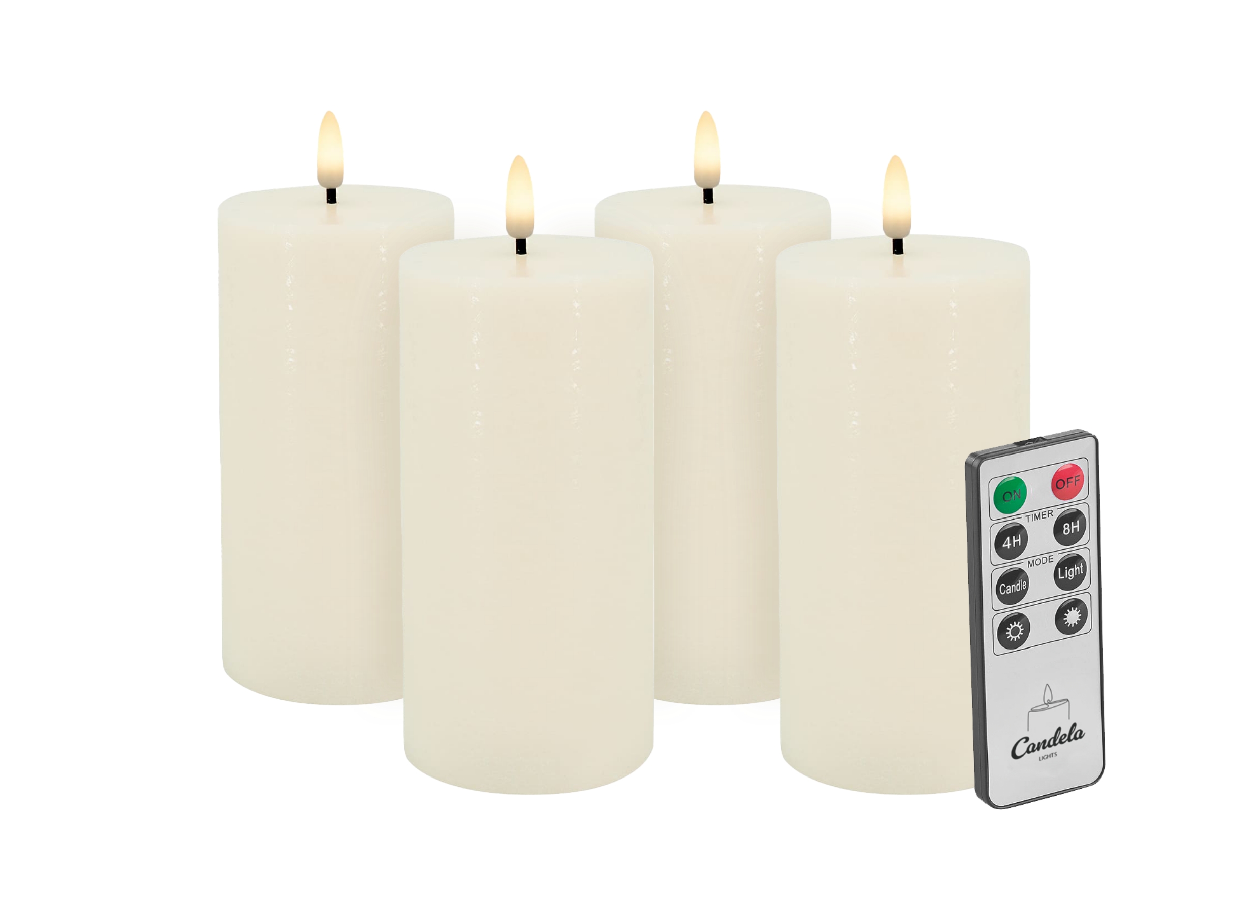 Candela Lights LED Stumpenkerzen 4er Set Echtwachs creme rustic H15xØ7,5cm Flammeneffekt & feste Flamme mit Fernbedienung Timer Funktion & mehrstufig dimmbar Echtwachskerzen