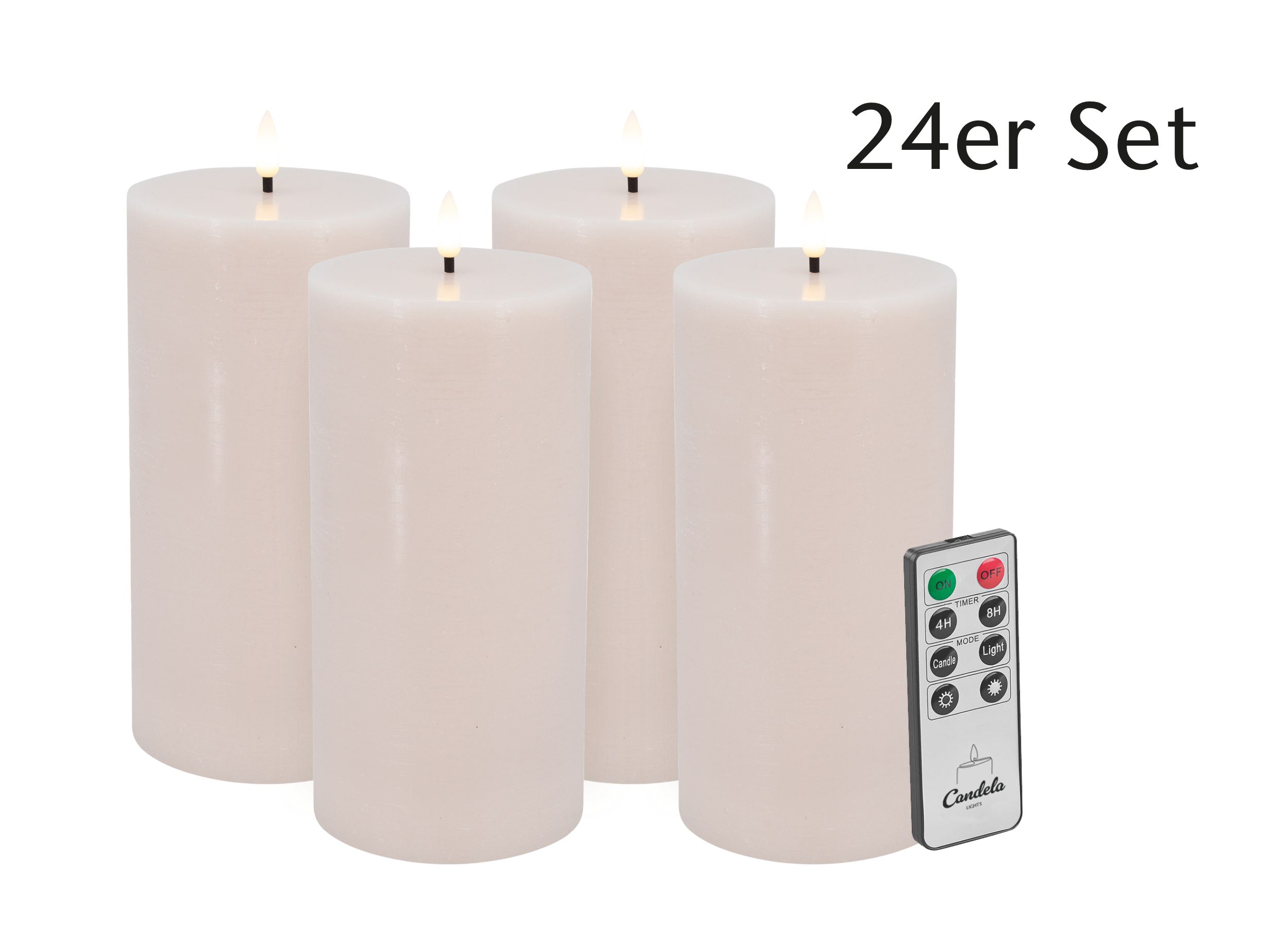 Candela Lights LED Kerzen 24er Set H:20xØ10cm Summer Pink rustic Stumpenkerze Echtwachs mit Fernbedienung & Timerfunktion Flammenlose flackernde LED-Kerze mehrstufig dimmbar