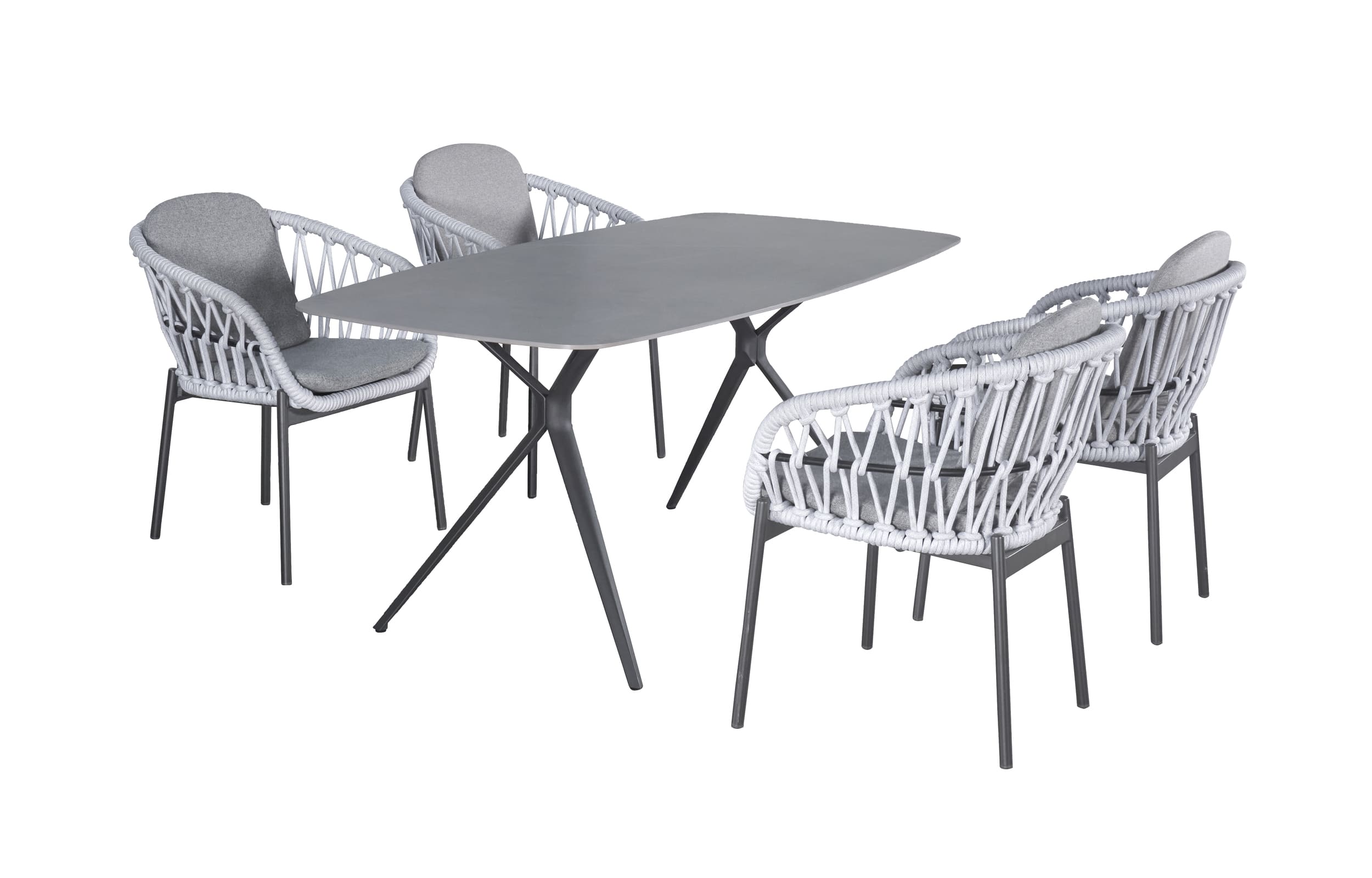 LC Garden »Bari« Dining Set VI 180x100cm 5tlg. Lichtgrau Sinsterstone/Keramik Gartentisch Sitzgruppe Ropestuhl Geflechtstuhl