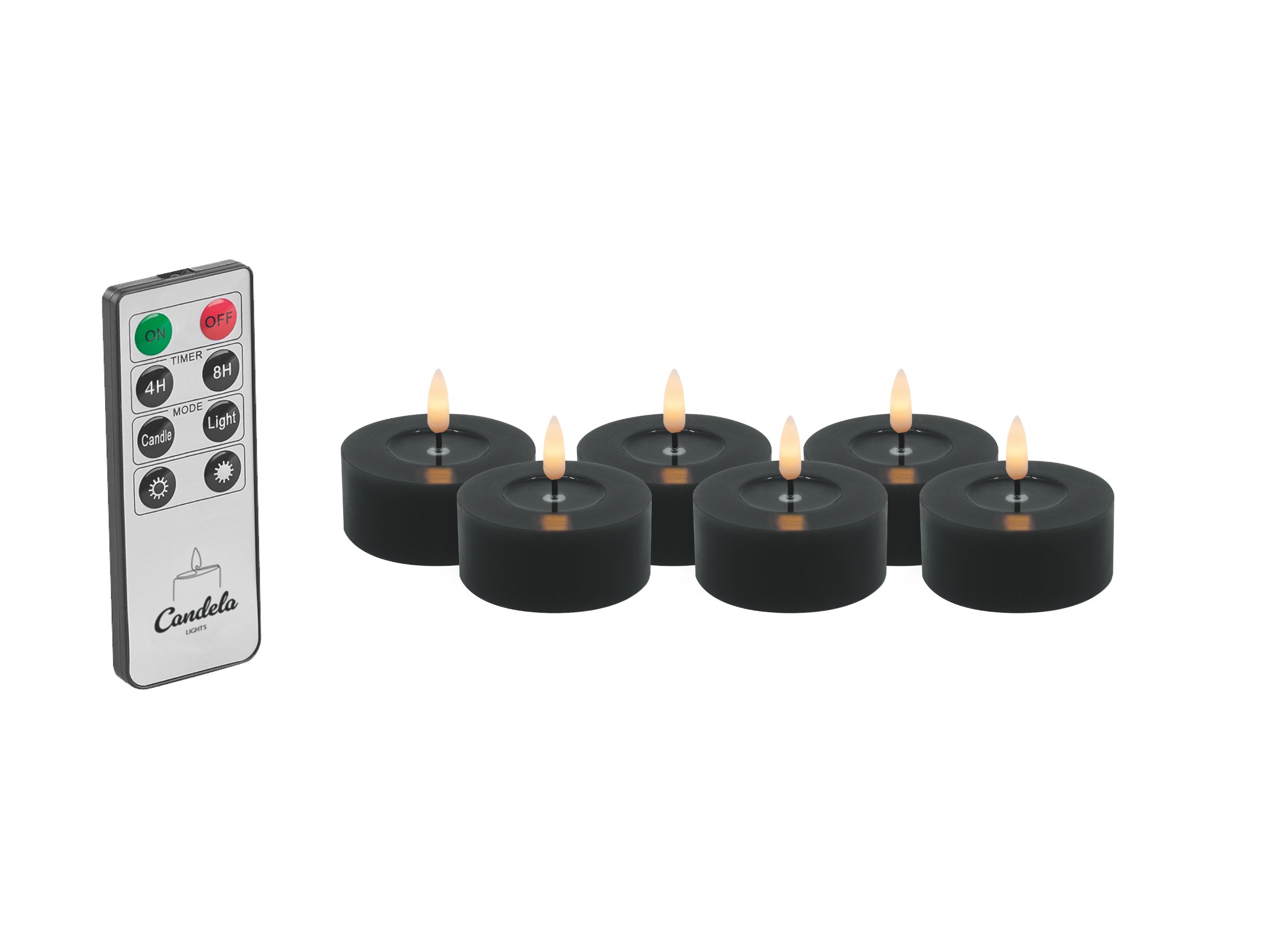 Candela Lights LED Kerzen 6er Set Ø6,8cm Winter schwarz glatt Echtwachs Teelicht mit Fernbedienung & Timerfunktion Flammenlose flackernde LED-Kerze mehrstufig dimmbar