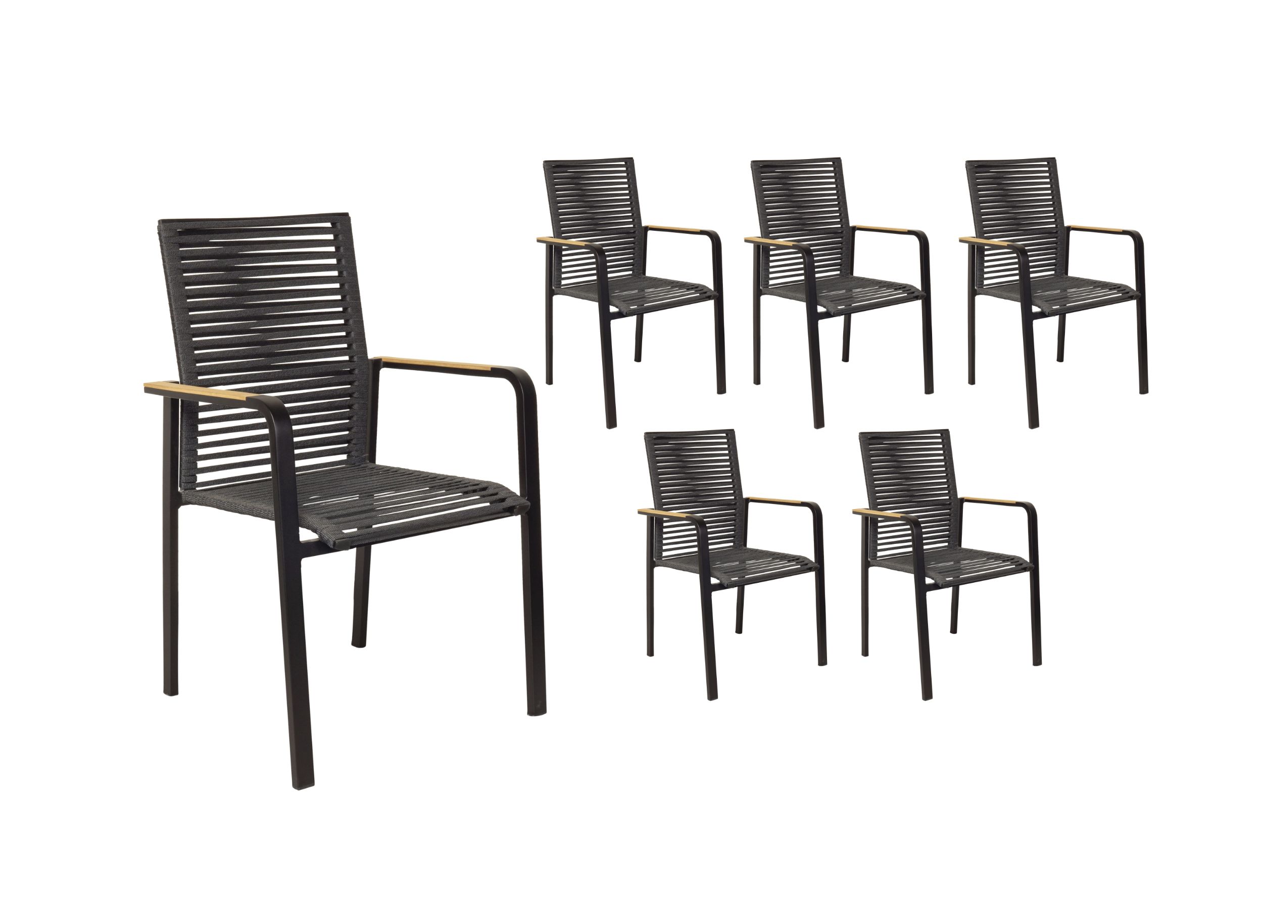 LC Garden 6er Set »Toronto« Stapelstuhl Rope schwarz mit Rope-Geflecht inkl. Teakholz Armlehne Gartenstuhl stapelbar