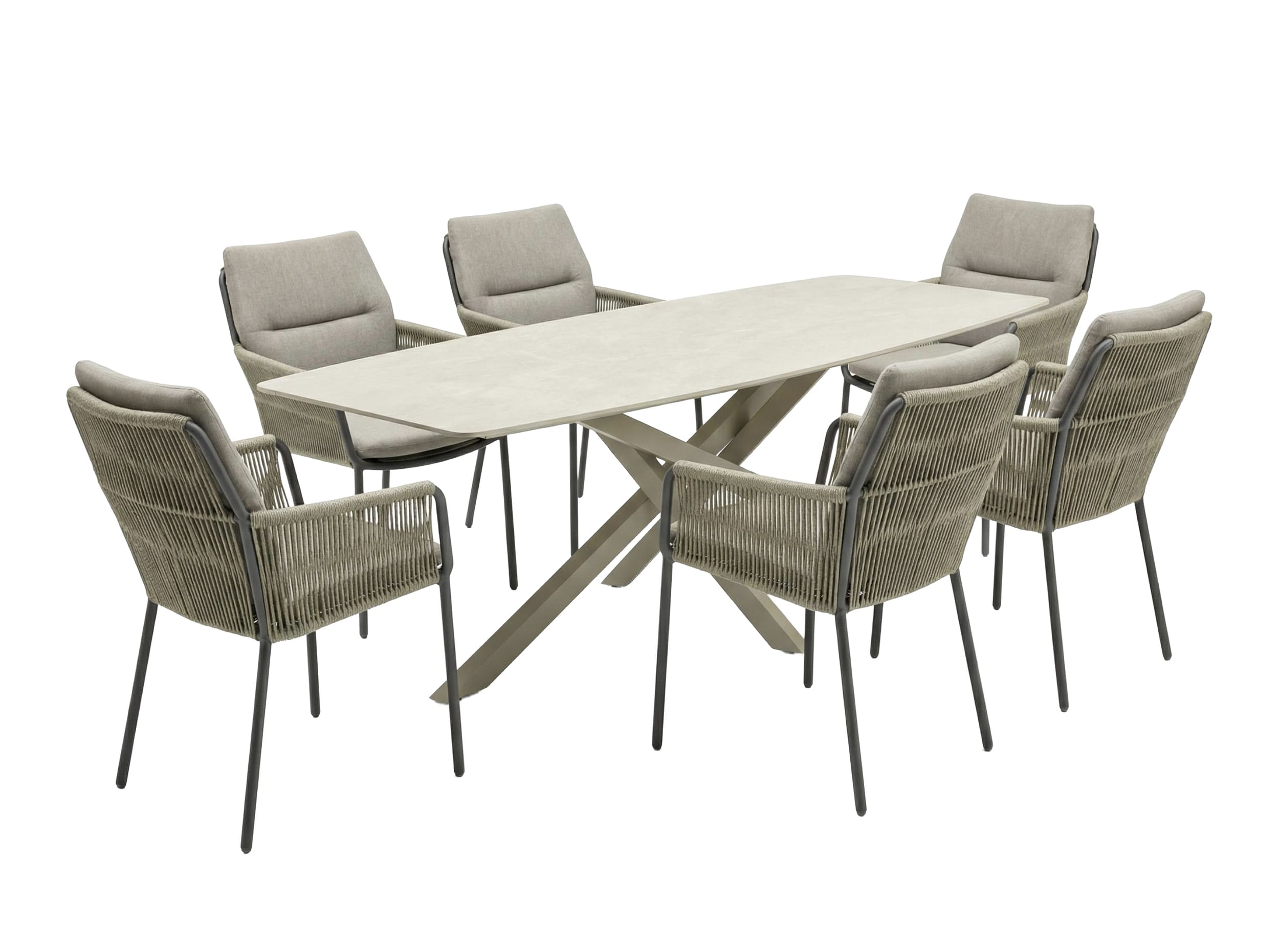 LC Garden »Como« Gartenset 200cm Gartentisch Beton-Optik & 6er Set Armlehnstühle Taupe Rope