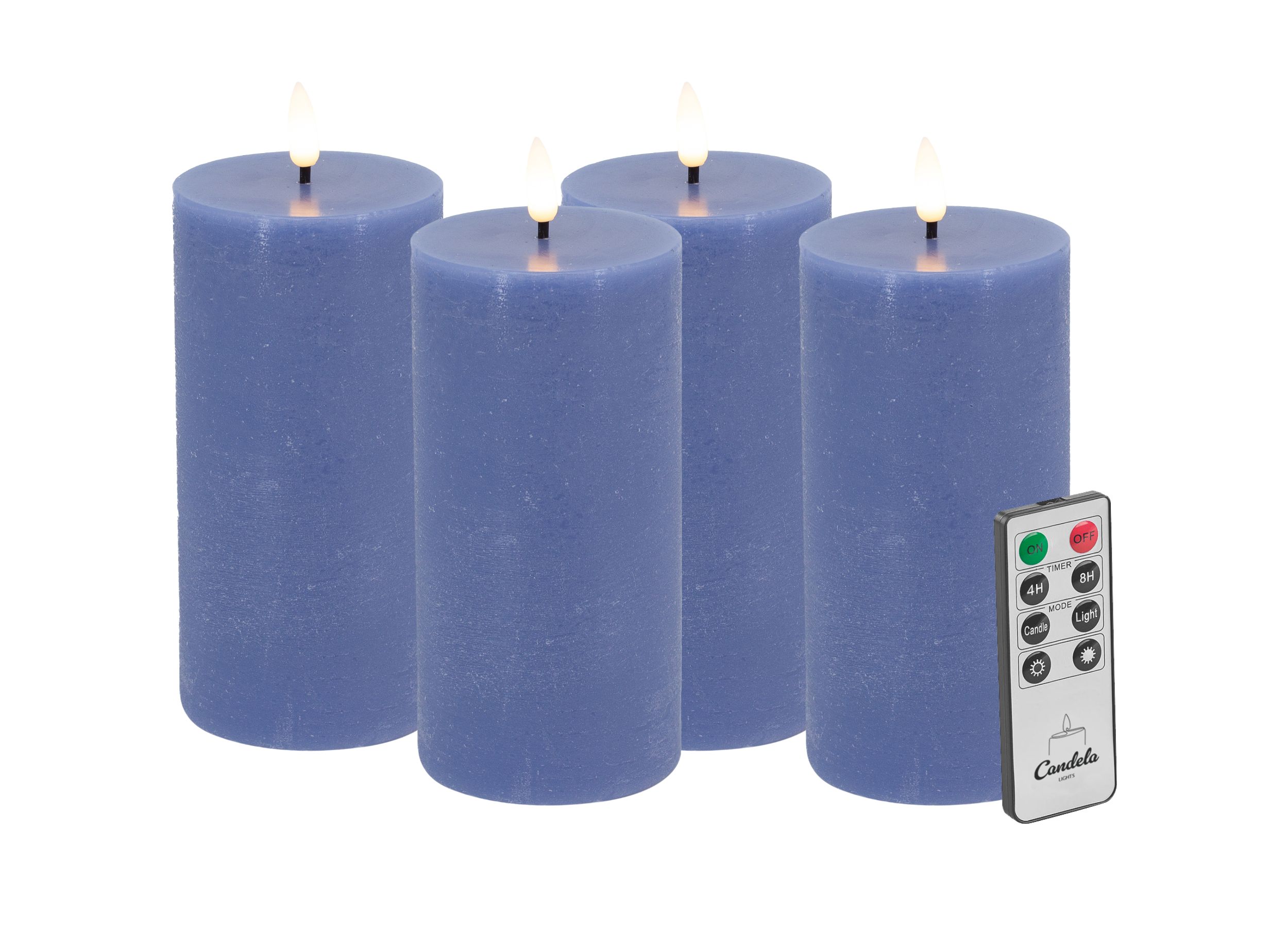 Candela LED Kerzen 4er Set H:15xØ7,5cm blau rustic Echtwachs mit Fernbedienung Timer Funktion & mehrstufig dimmbar flammenlos Echtwachskerzen Stumpenkerze Candela LED Kerzen 4er Set H:15xØ7,5cm blau rustic Echtwachs mit Fernbedienung Timer Funktion & mehrstufig dimmbar flammenlos Echtwachskerzen Stumpenkerze