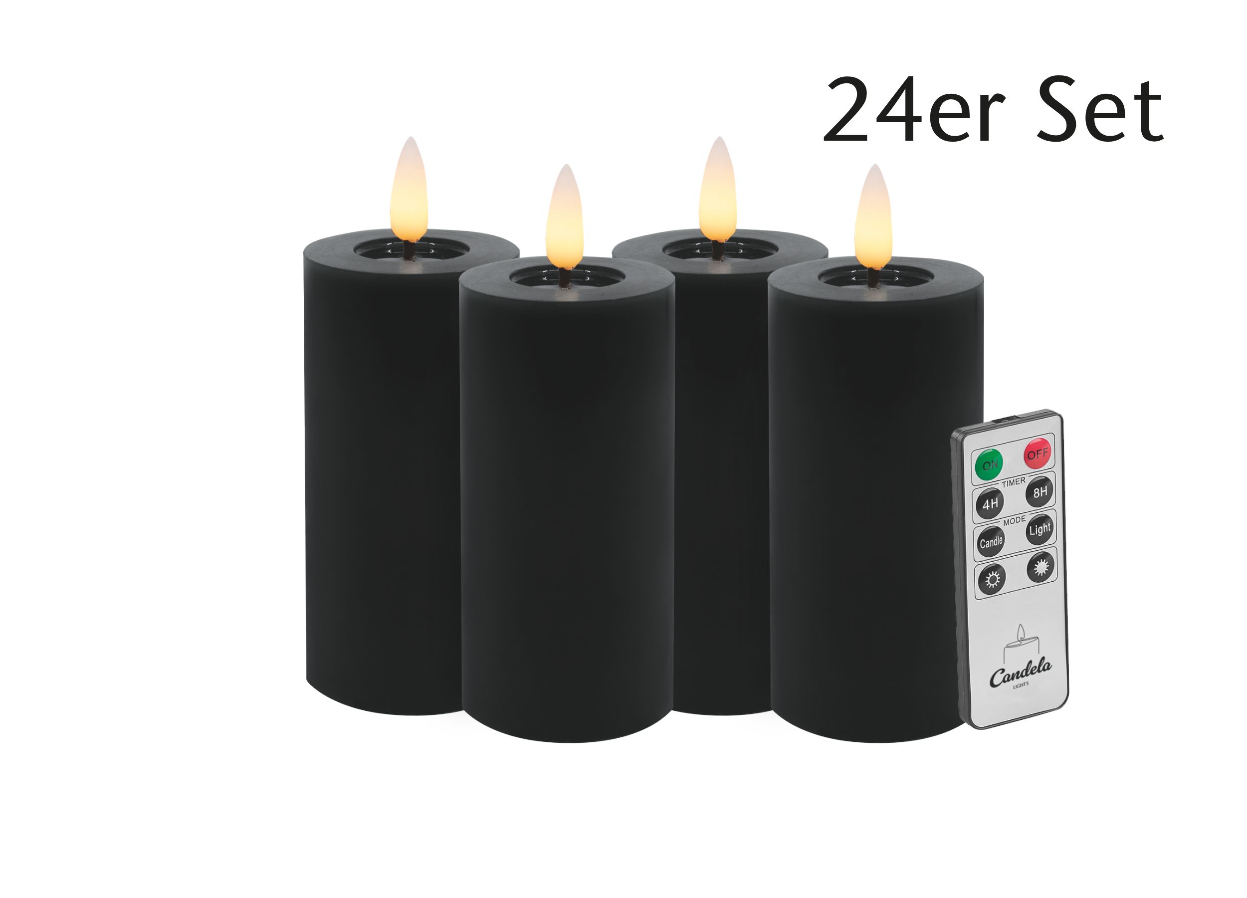Candela LED Kerzen 24er Set H:10xØ5cm Winter schwarz glatt Echtwachs mit Fernbedienung Timer Funktion & mehrstufig dimmbar flammenlos Echtwachskerzen Stumpenkerze