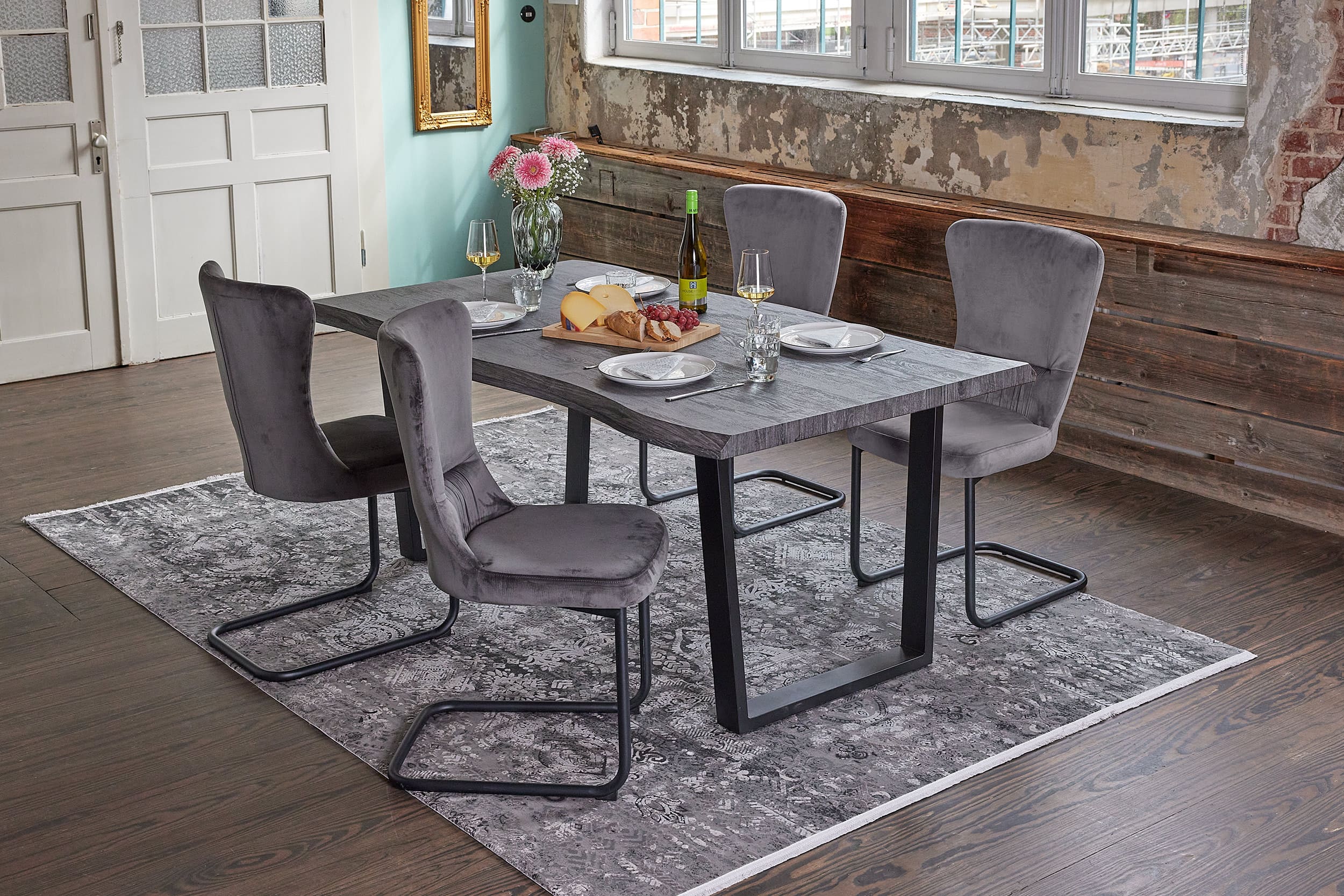 LC Home »Manado« Dining Set V Sitzgruppe Freischwinger Samtoptik schwarz
