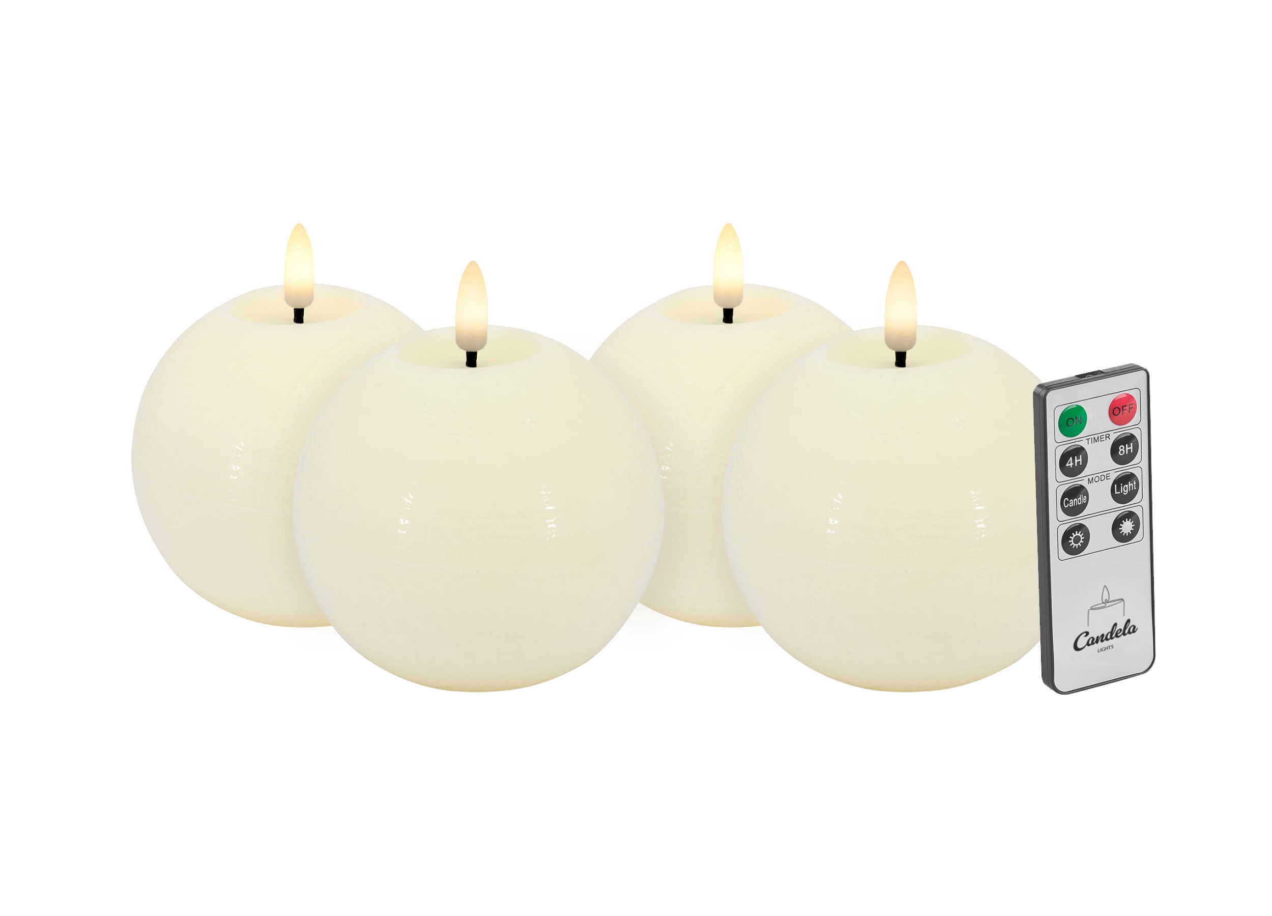 Candela Lights LED Kugelkerzen 4er Set Echtwachs creme rustic H:7xØ8cm Flammeneffekt & feste Flamme mit Fernbedienung Timer Funktion & mehrstufig dimmbar Echtwachskerzen