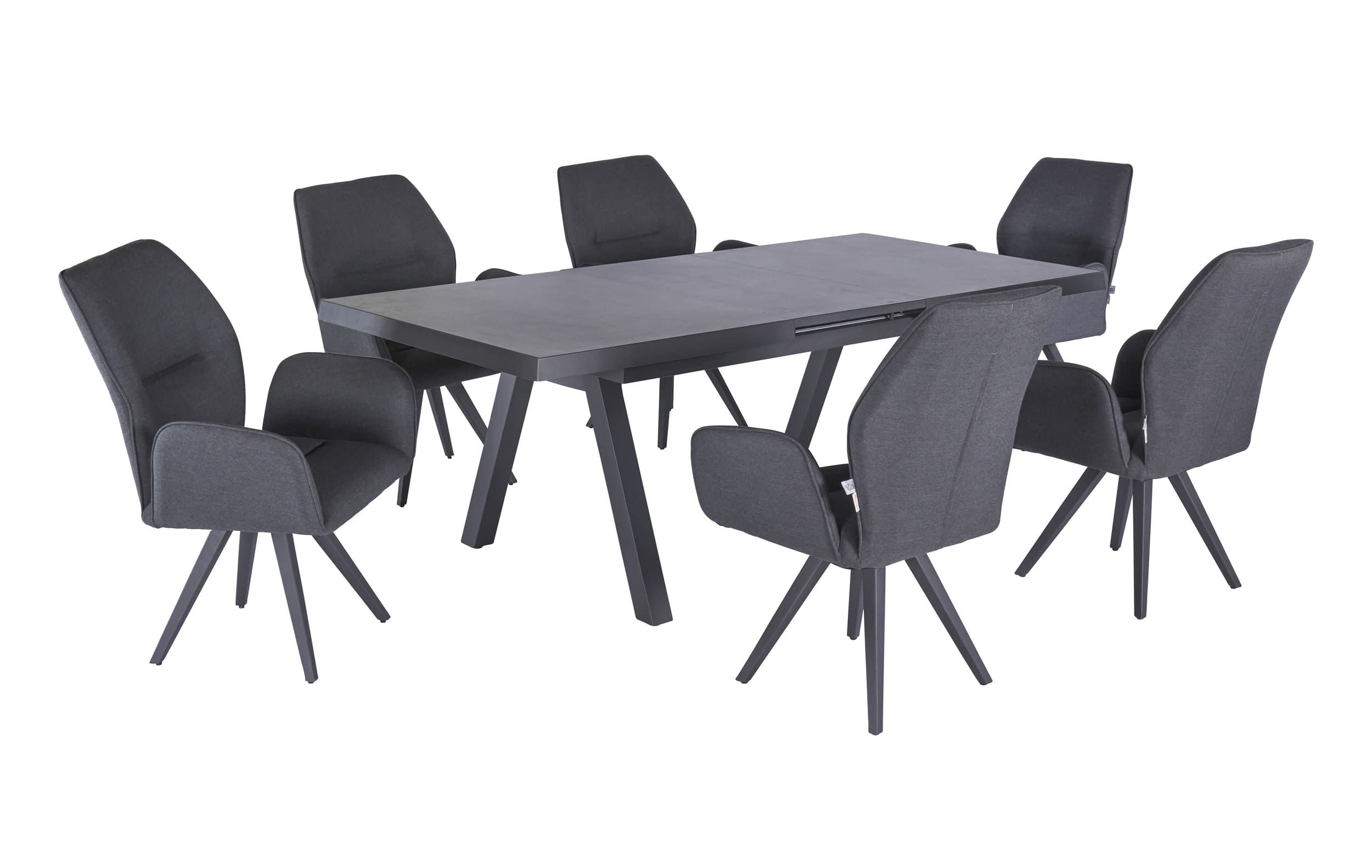 »Sunrino« Dining Set 7tlg. Sooty Esstisch 160/210x100cm Aluminium/Keramik Beton-Optik + 6 Drehsesssel Sunbrella Sitzgruppe