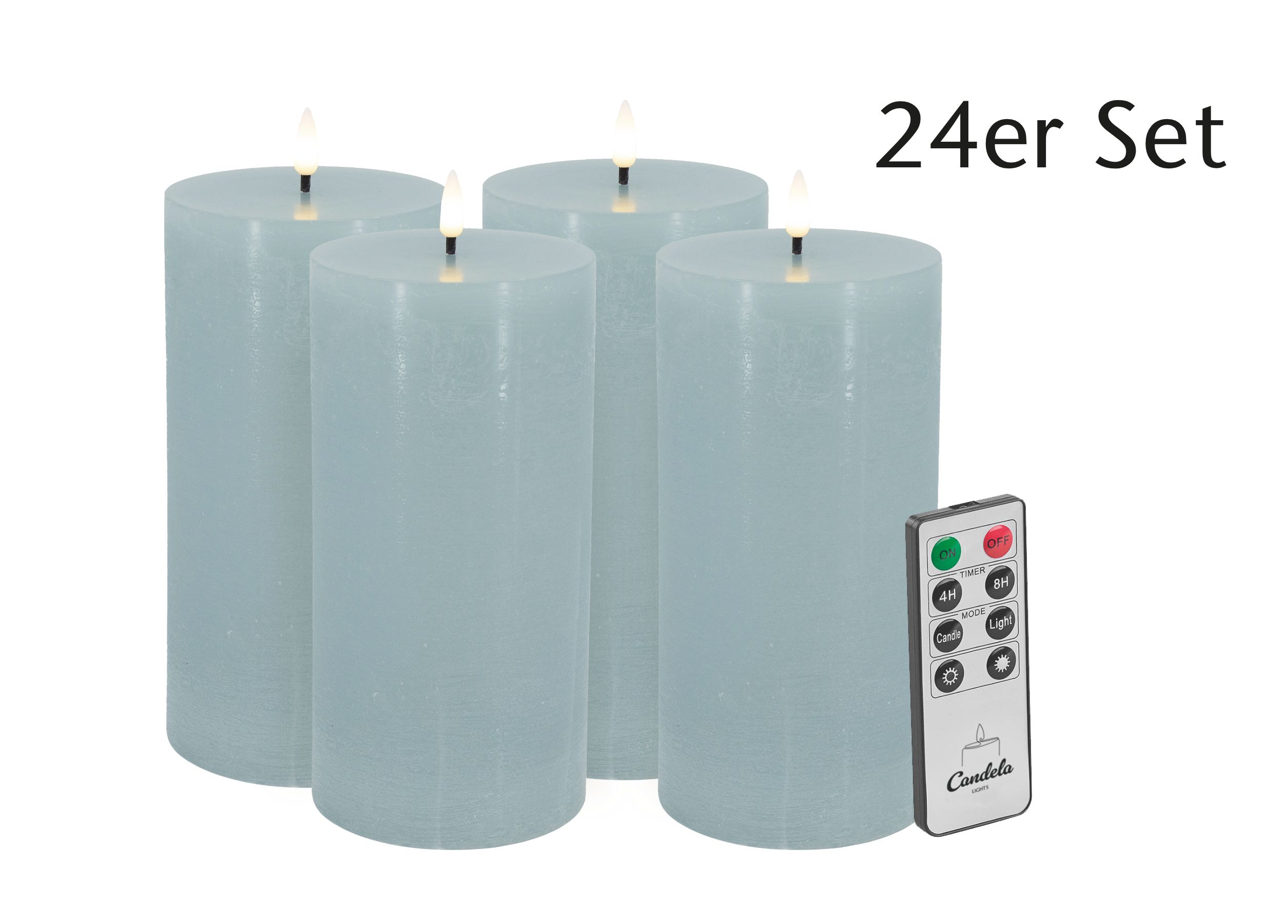 Candela Lights LED Kerzen 24er Set H:20xØ10cm Summer Blue rustic Stumpenkerze Echtwachs mit Fernbedienung & Timerfunktion Flammenlose flackernde LED-Kerze mehrstufig dimmbar