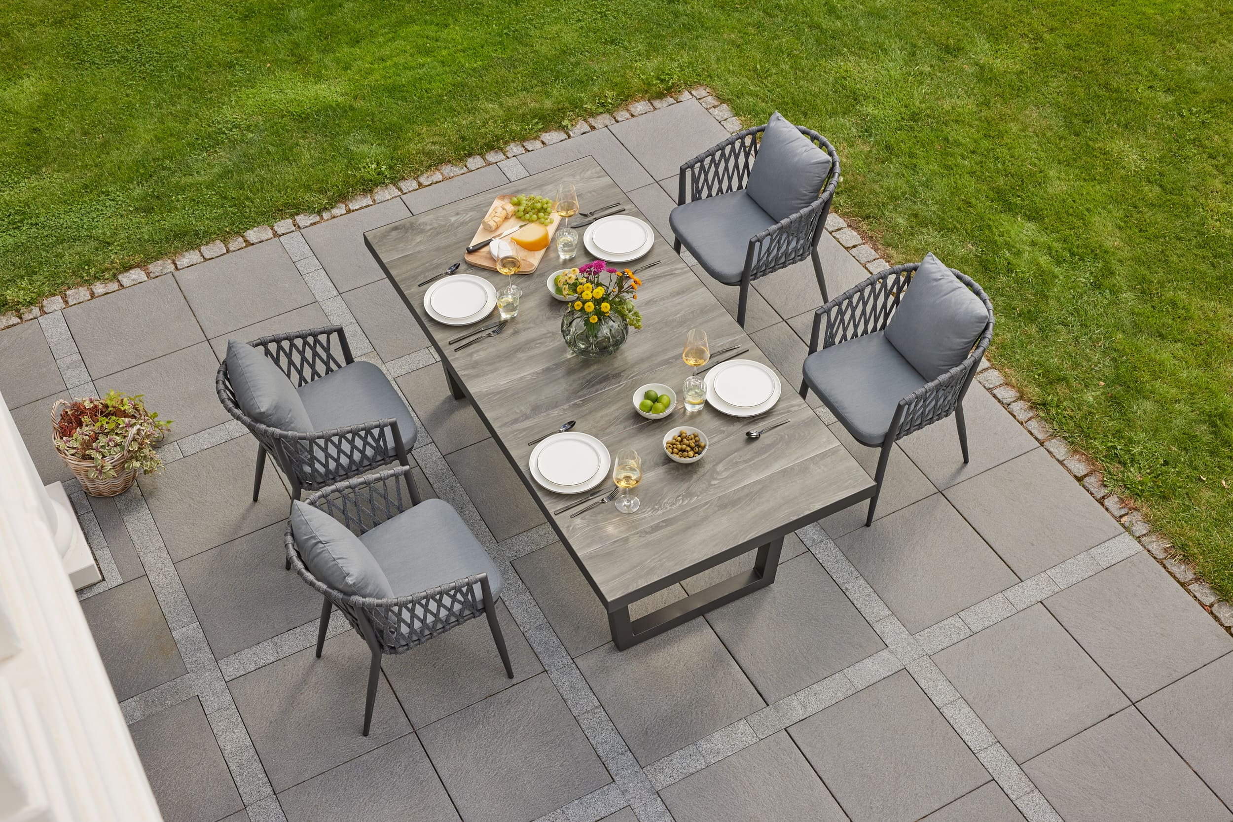 LC Garden »Unicamo Sunrepo« Dining Set I 5tlg. Keramiktisch Gartenset Sitzgruppe Ropestuhl Geflechtstuhl