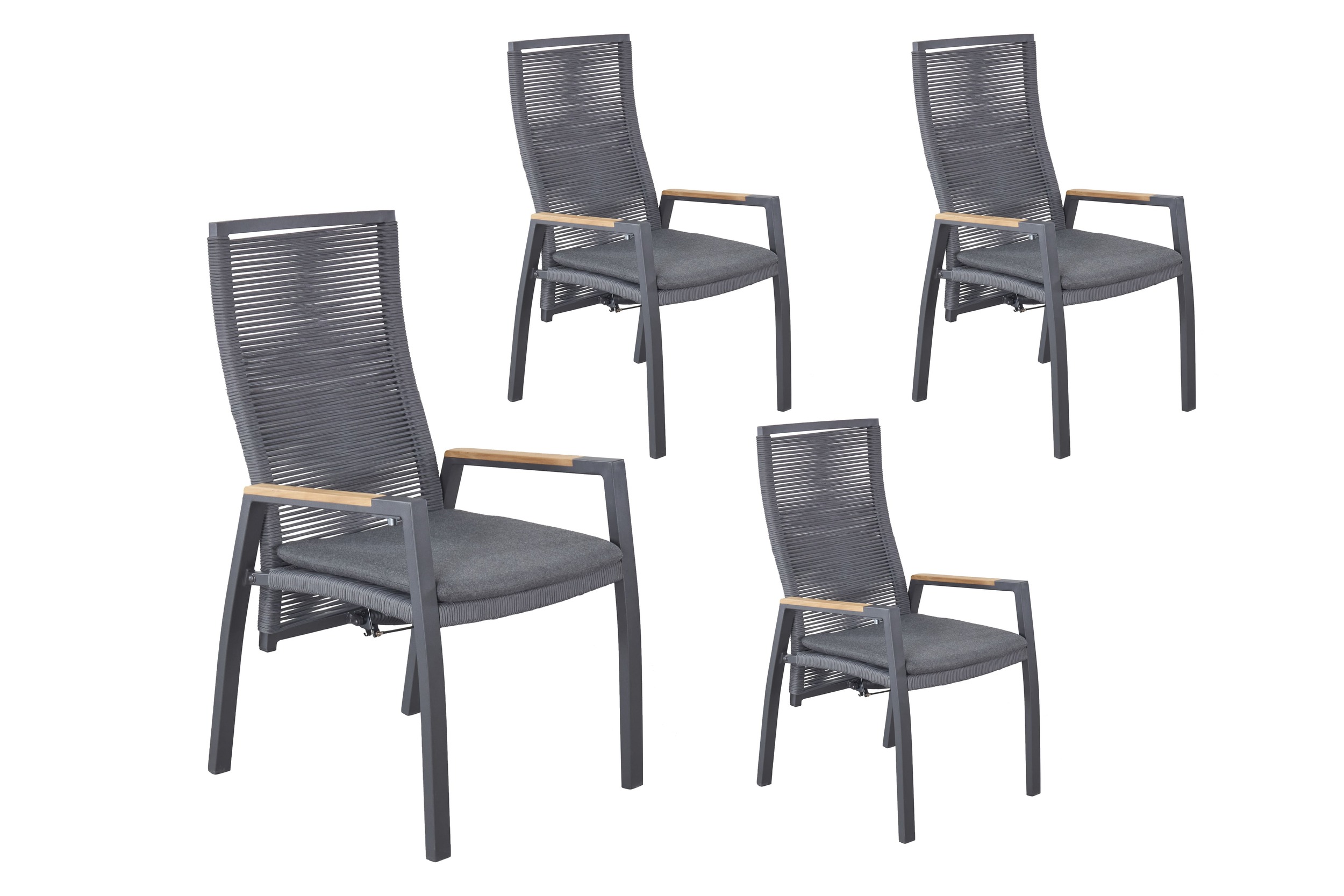 LC Garden 4er Set »Diwo« Gartenstuhl anthrazit/grau Aluminium/Rope & Teak-Armlehne Positionsstuhl mit Sitzkissen aus Sunbrella® Stoff