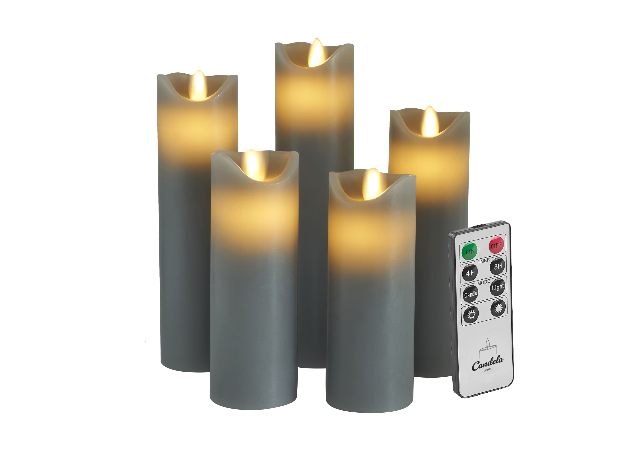 Candela Lights LED Kerzen 5er Set Stumpenkerze grau Echtwachs mit Fernbedienung Timer Funktion & mehrstufig dimmbar bewegliche Flamme Echtwachskerzen