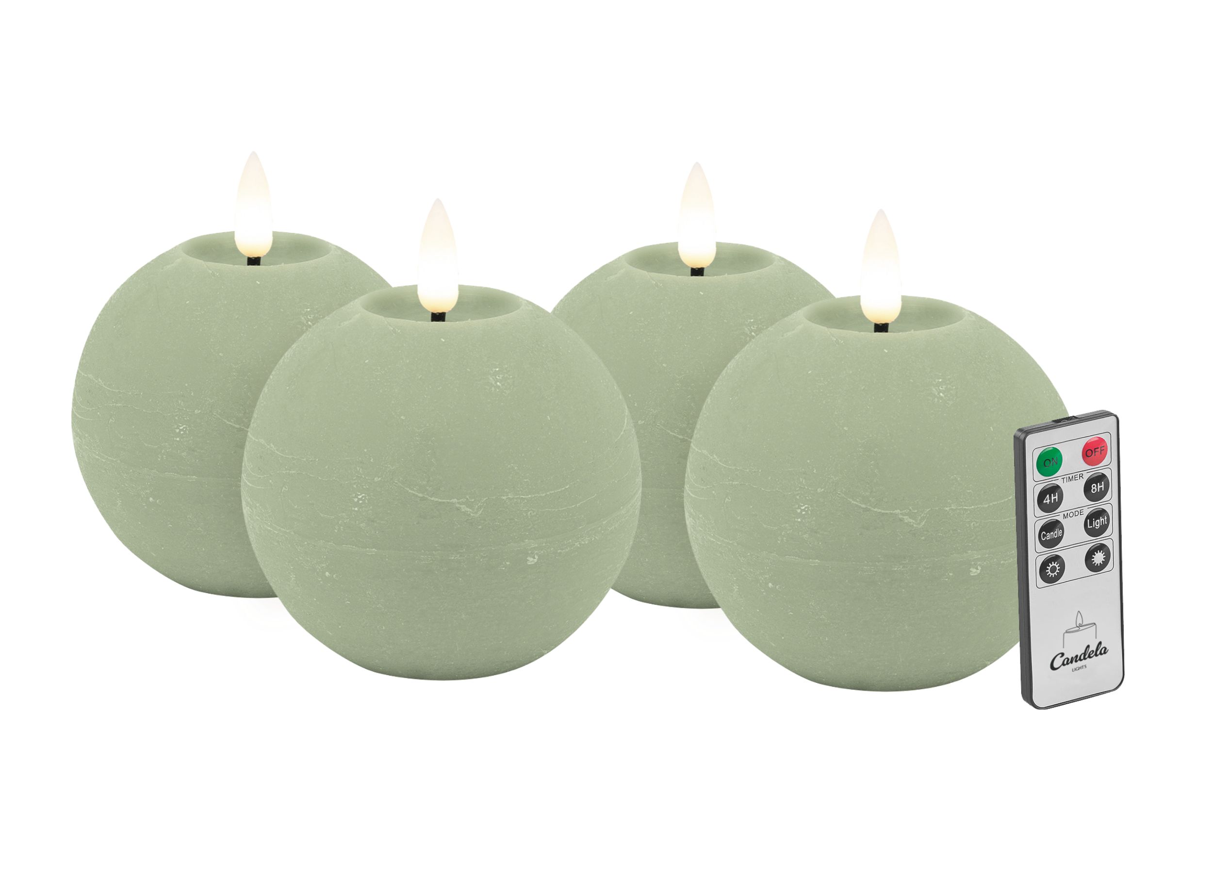 Candela LED Kerzen 4er Set H:8xØ10cm grün rustic Echtwachs mit Fernbedienung Timer Funktion & mehrstufig dimmbar flammenlos Echtwachskerzen Kugelkerze