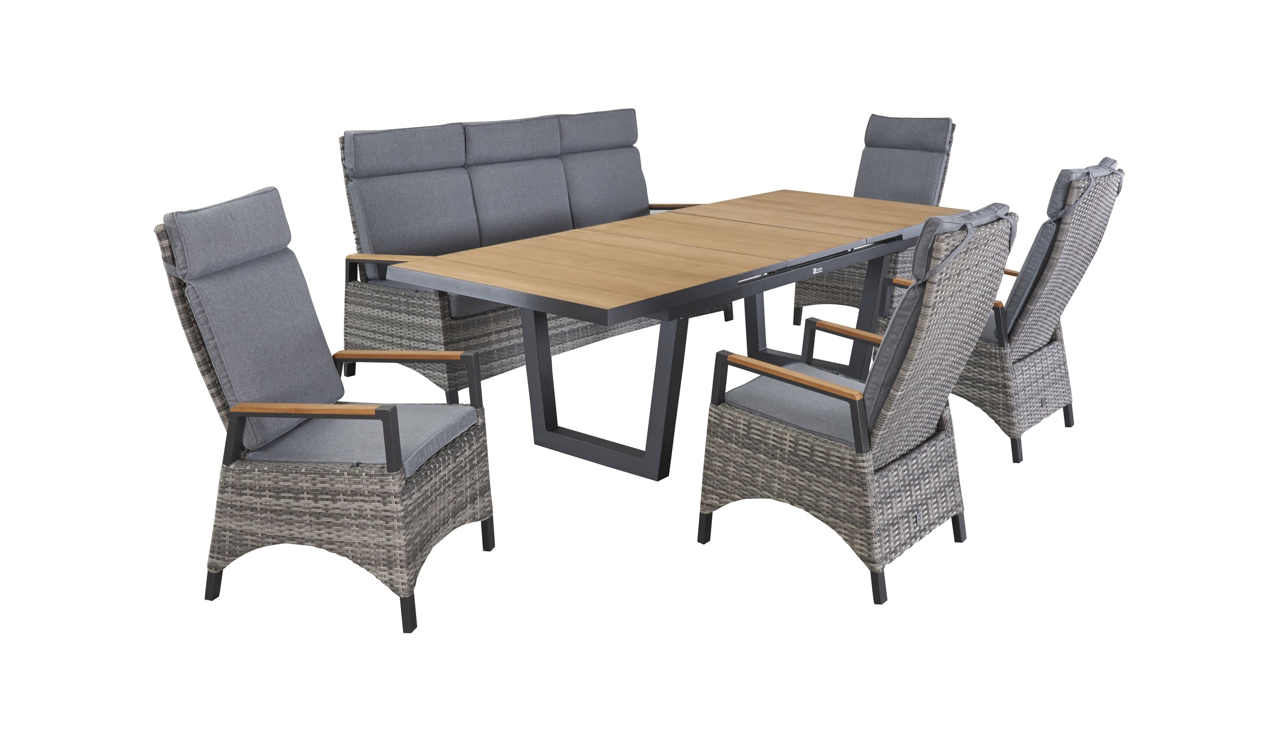 LC Garden »Kumaso« Gartenset II 6tlg. Esstisch 200/260x100cm Aluminium/Teakholz + 4 Positionsstühle + 3-Sitzer Sofa mit Teak-Armlehne