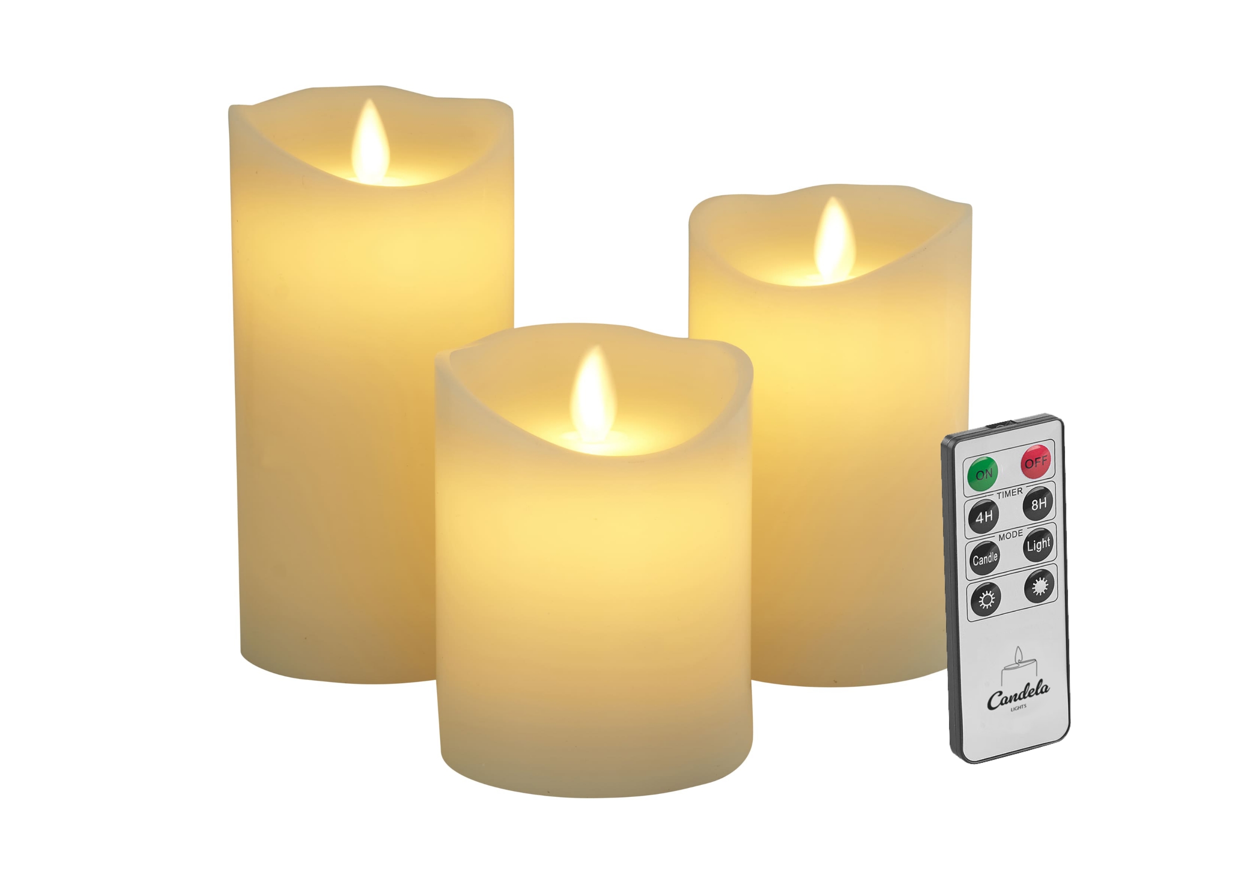 Candela Lights LED Kerzen 3er Set Stumpenkerze creme Echtwachs mit Fernbedienung Timer Funktion & mehrstufig dimmbar bewegliche Flamme Echtwachskerzen