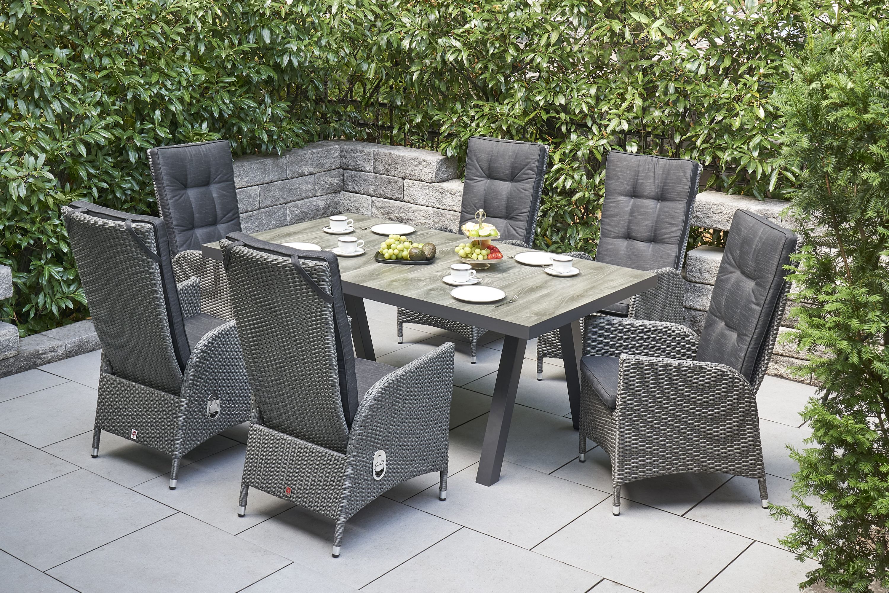 LC Garden »Barcelona« Gartenmöbel Set 7tlg. Esstisch 200cm Aluminium anthrazit/Keramik grau + 4/6 Gartenstühle Rattan Gartenset