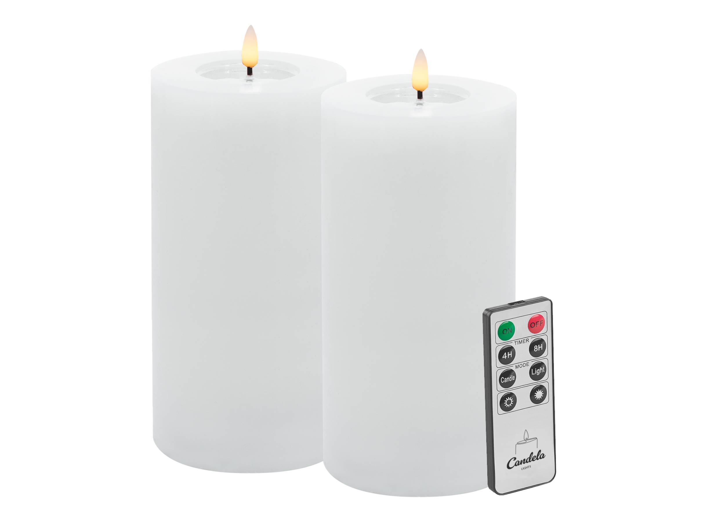 Candela LED Kerzen 2er Set H:20xØ10cm Winter weiß glatt Echtwachs mit Fernbedienung Timer Funktion & mehrstufig dimmbar flammenlos Echtwachskerzen Stumpenkerze