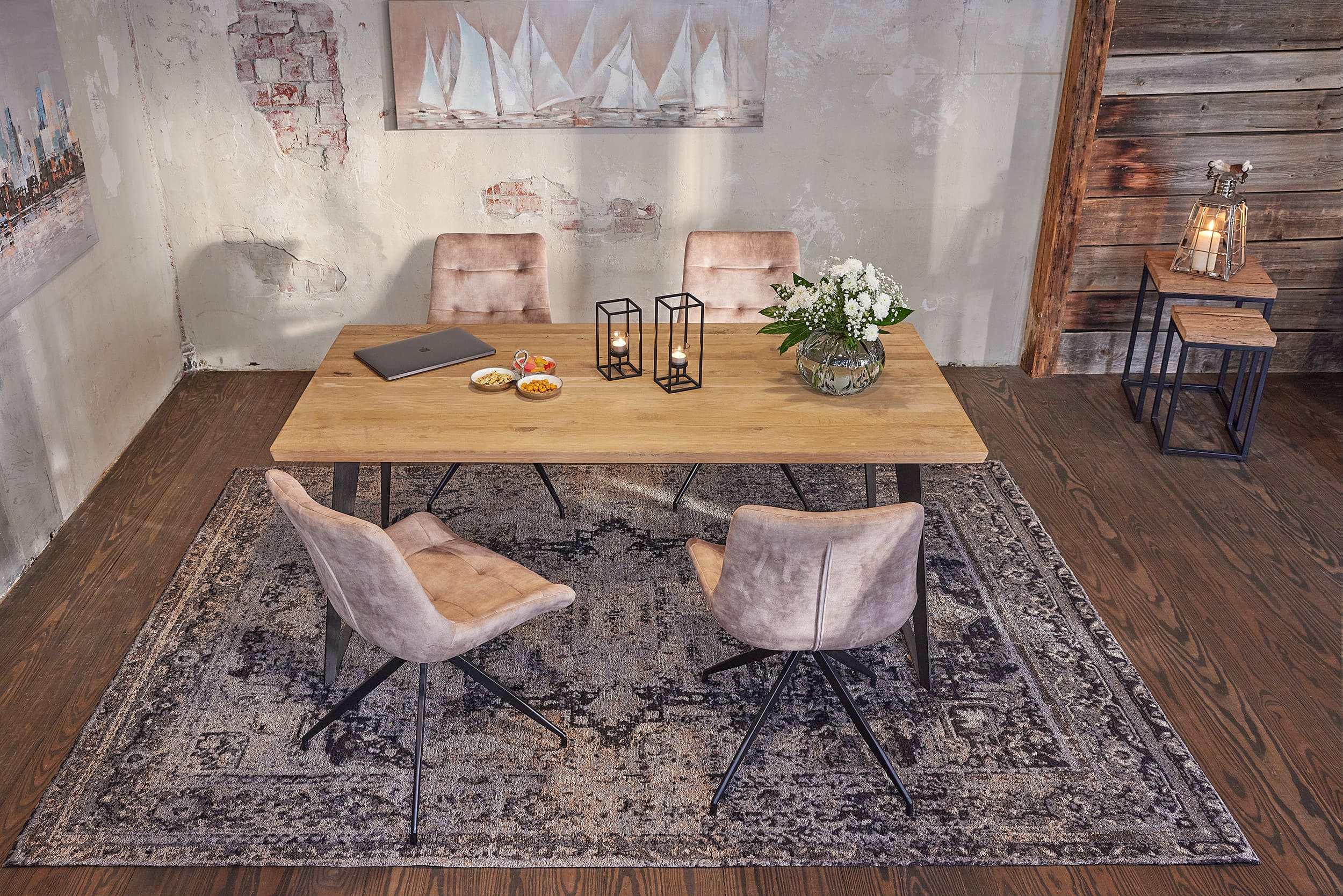 LC Home »Hanoi« Dining Set I Sitzgruppe Natur Samt Beige