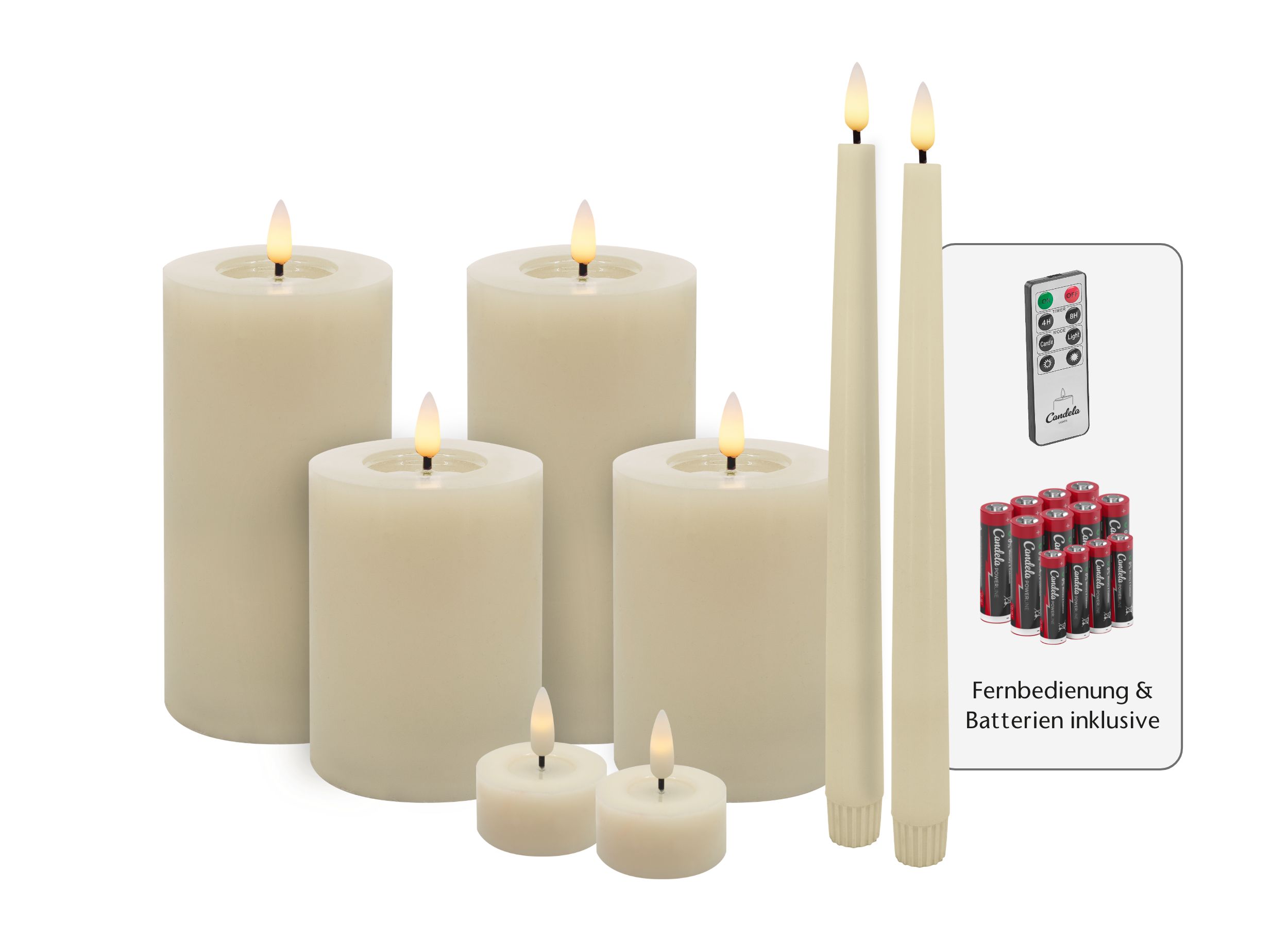 Candela Lights LED Kerzen 8er Set Winter Cream glatt Echtwachs inklusive Fernbedienung und Batterien Timer Funktion & mehrstufig dimmbar flammenlos Echtwachskerzen Stumpenkerzen