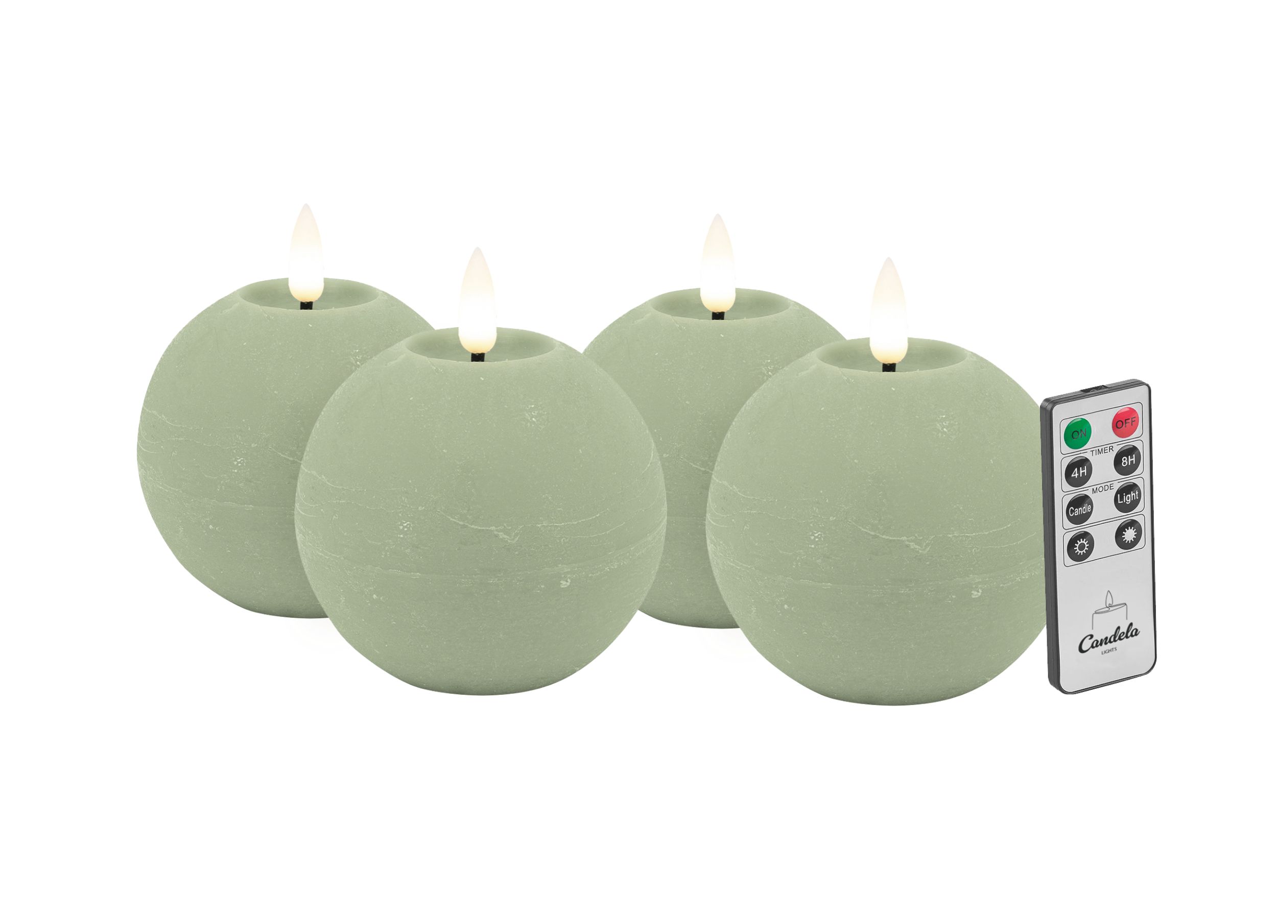 Candela Lights LED Kerzen 4er Set Ø8x7cm grün rustic Kugelkerze Echtwachs mit Fernbedienung & Timerfunktion Flammenlose flackernde LED-Kerze mehrstufig dimmbar