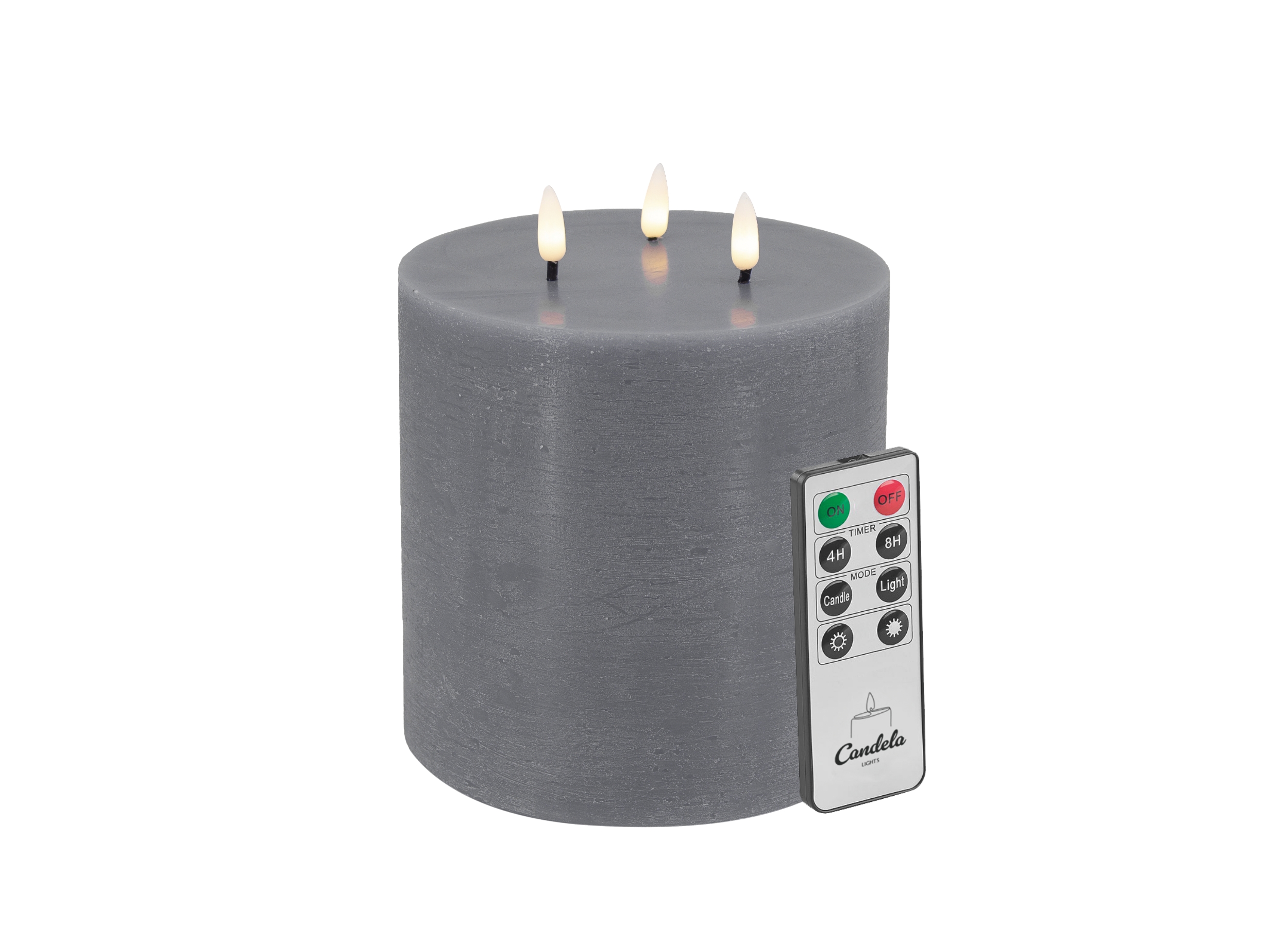 Candela Lights LED Kerze 3-Docht H:15xØ15cm grau rustic Stumpenkerze Echtwachs mit Fernbedienung & Timerfunktion Flammenlose flackernde LED-Kerze mehrstufig dimmbar