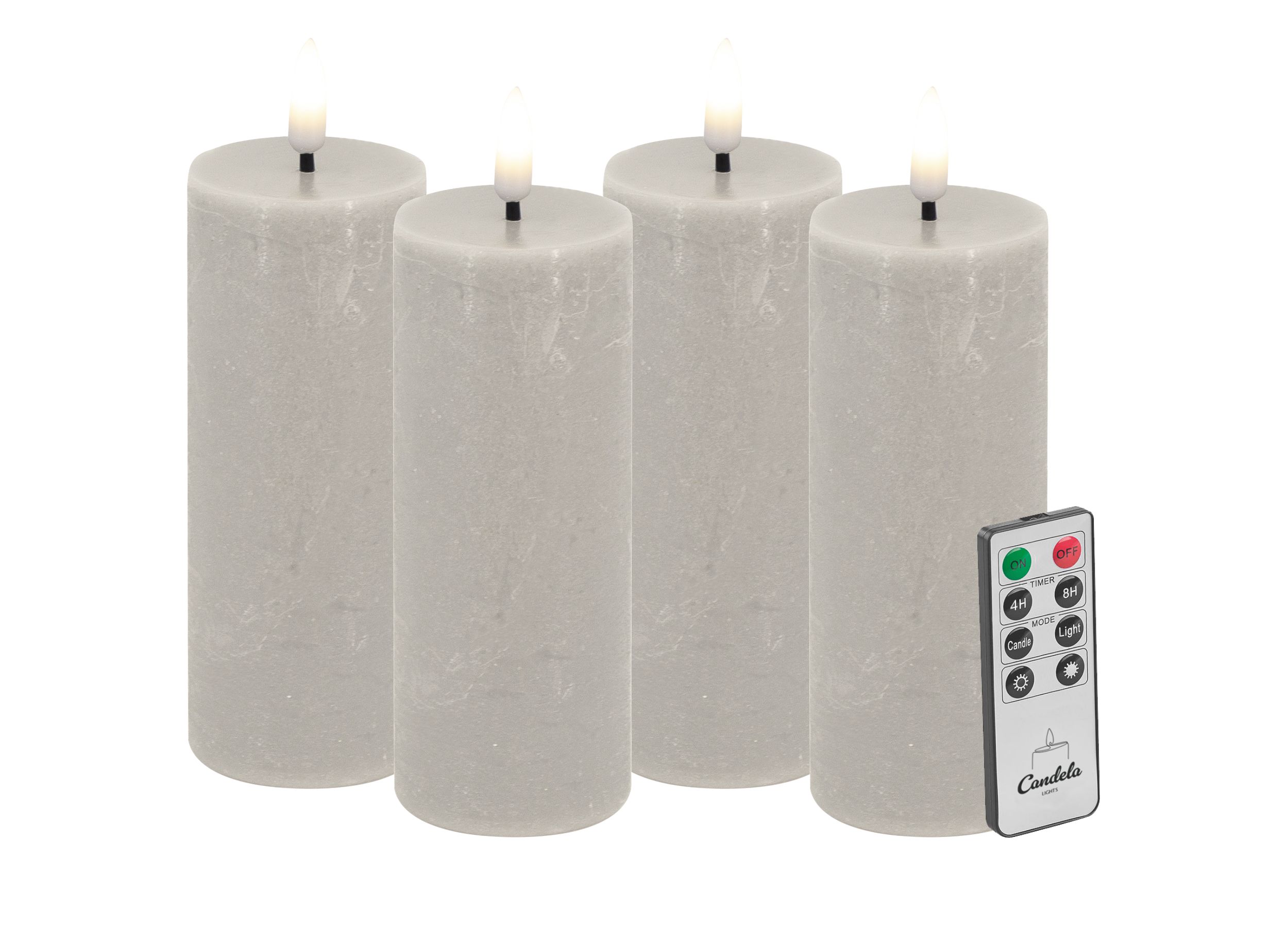 Candela LED Kerzen 4er Set H:10xØ5cm sand rustic Echtwachs mit Fernbedienung Timer Funktion & mehrstufig dimmbar flammenlos Echtwachskerzen Stumpenkerze
