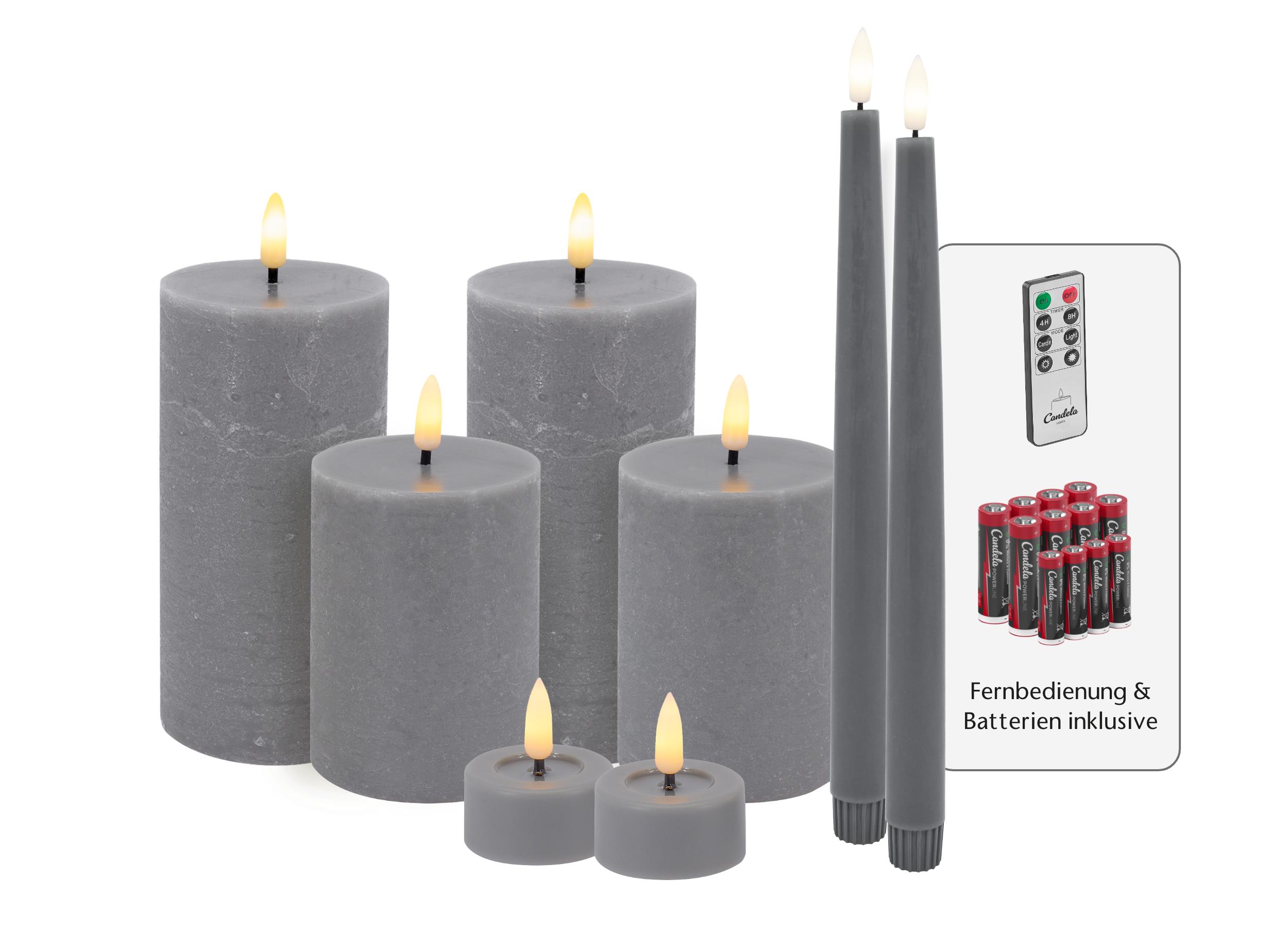 Candela Lights LED Kerzen 8er Set Basic Grau rustic Echtwachs inklusive Fernbedienung und Batterien Timer Funktion & mehrstufig dimmbar flammenlos Echtwachskerzen Stumpenkerzen