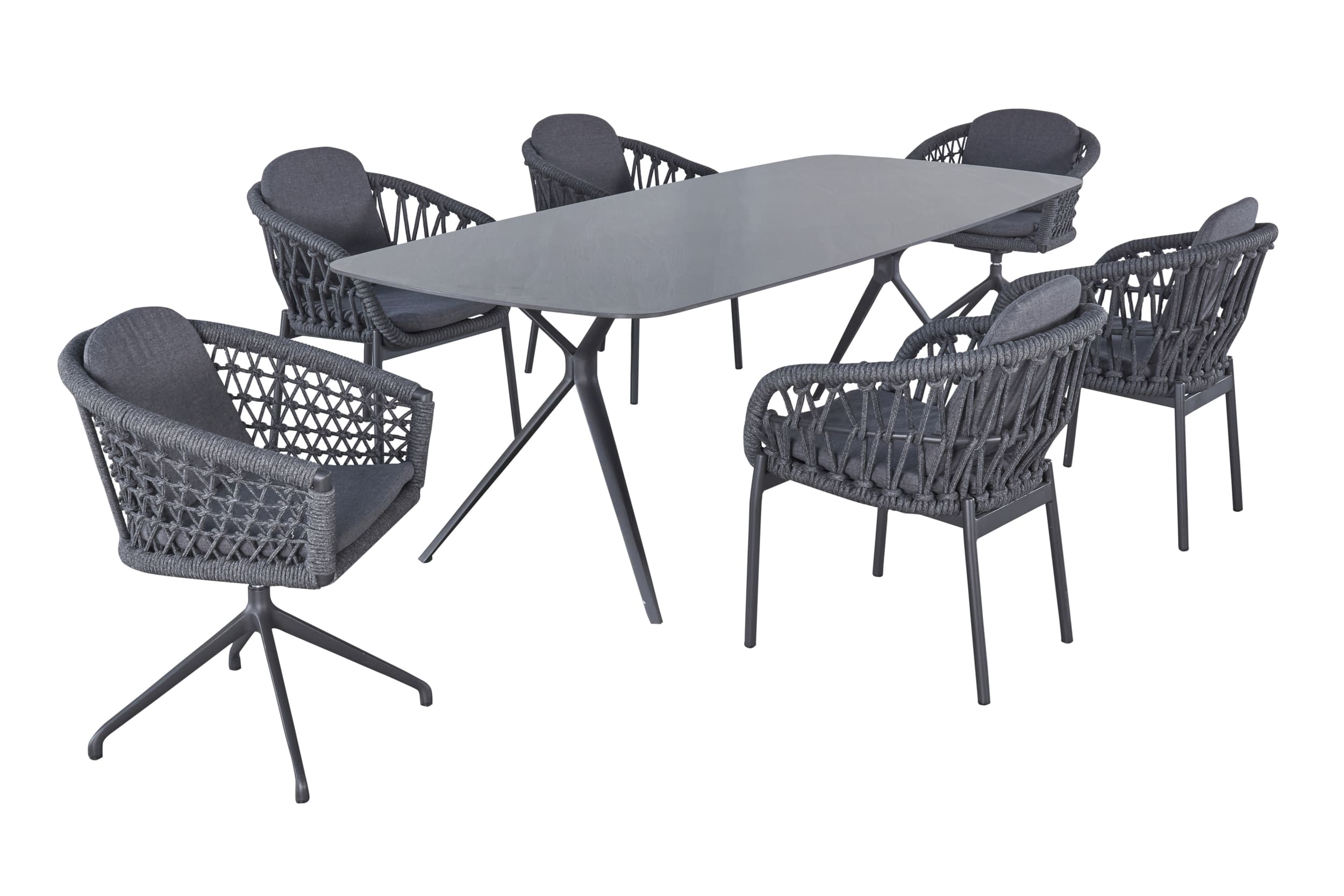 LC Garden »Bari« Gartenset VI 7tlg. anthrazit Esstisch 240x100cm Aluminium/sintered stone + 4 Gartenstühle + 2 Drehstühle Rope Sitzgruppe