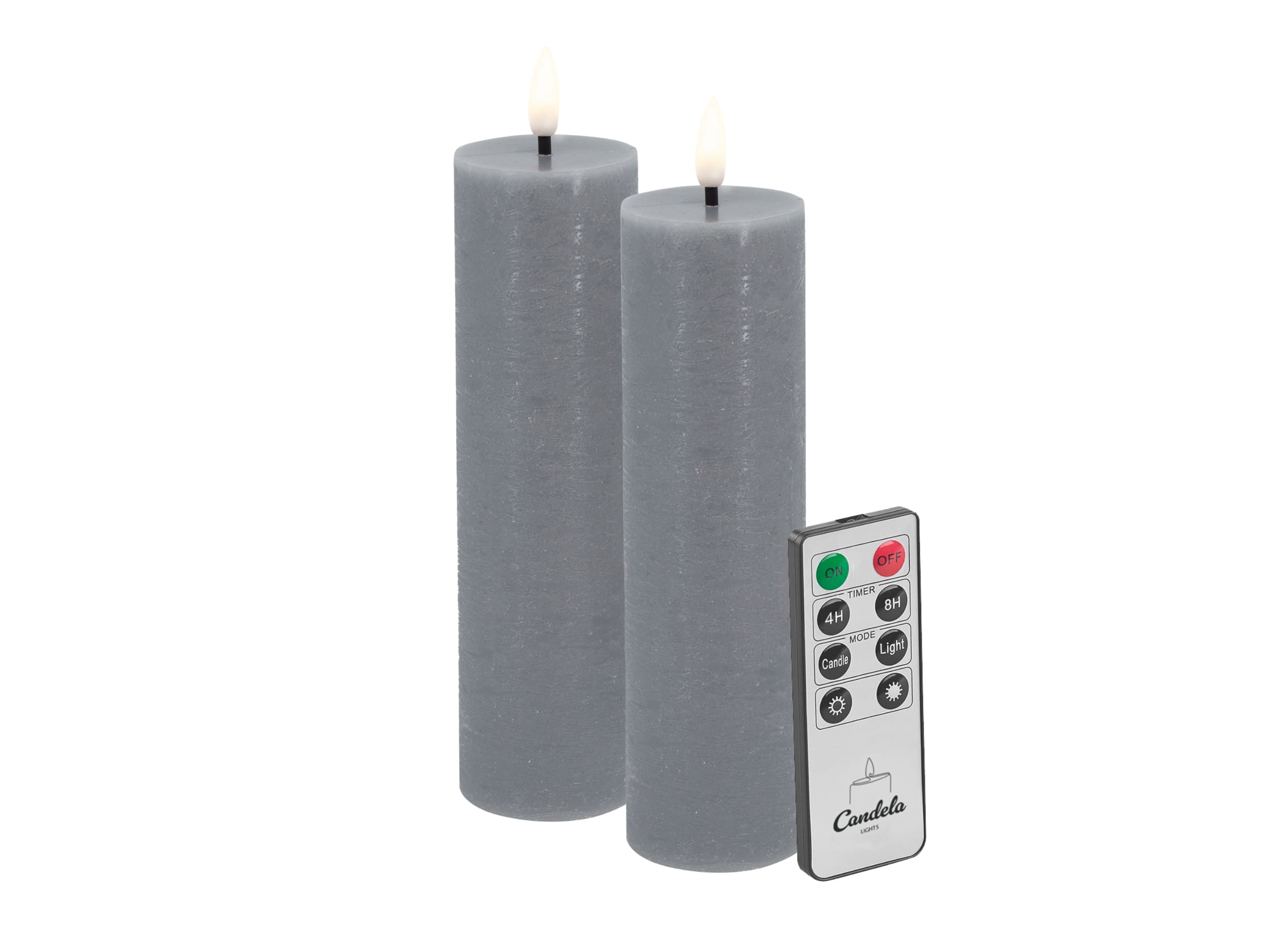 Candela Lights LED Kerzen 2er Set 17,5x5cm grau rustic Stumpenkerze  Echtwachs mit Fernbedienung & Timerfunktion Flammenlose flackernde LED-Kerze mehrstufig dimmbar