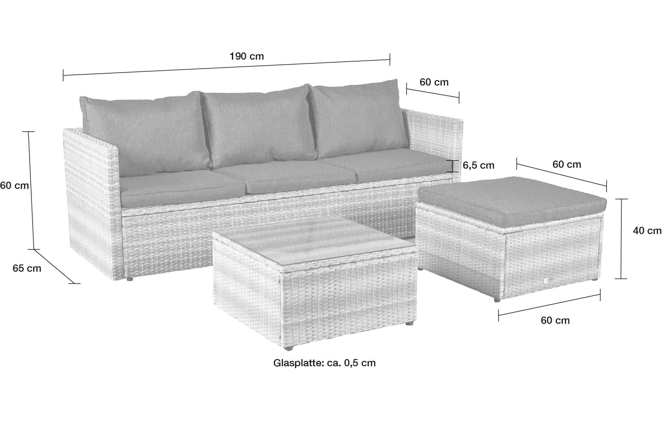 LC Garden »Loungino« Parma Lounge Gartenset mit Tisch + Hocker Gartenlounge Garten und Balkonset weiß-grau