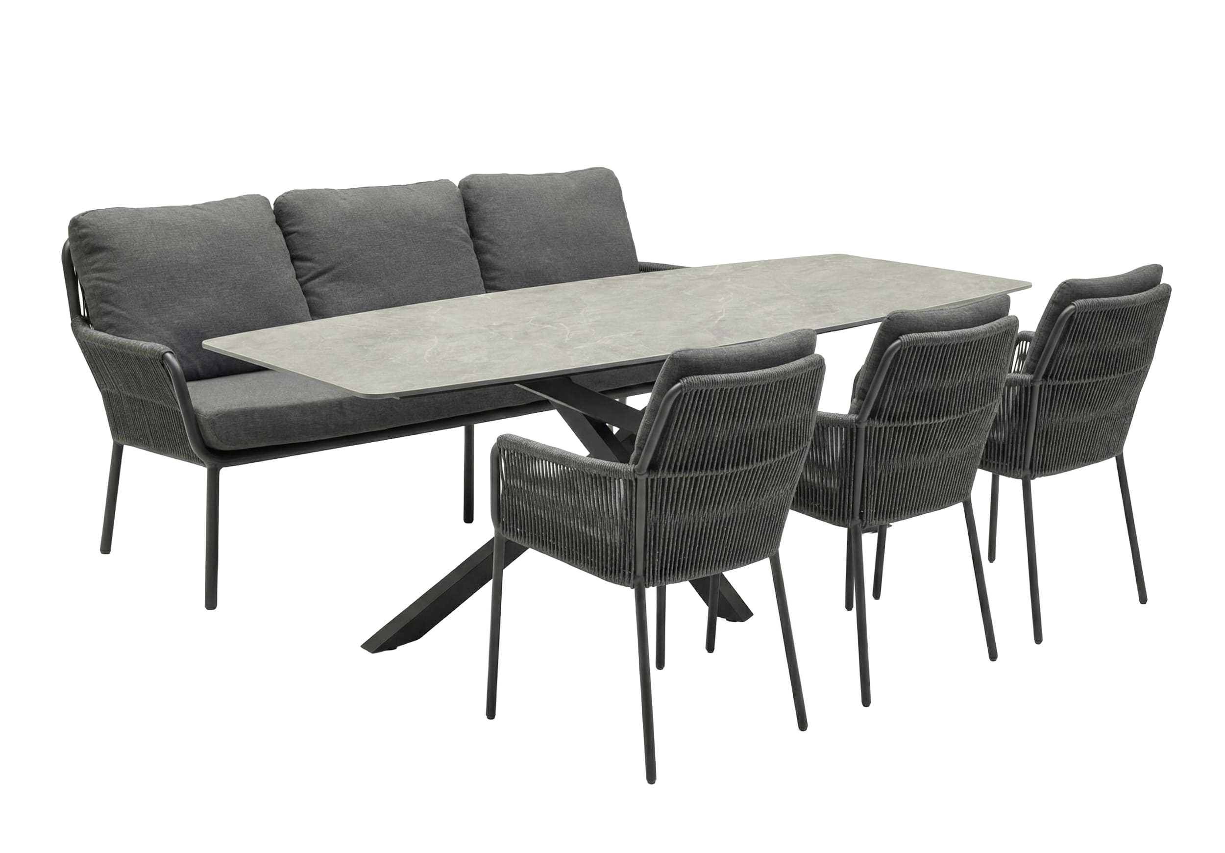 LC Garden »Como« Gartenset 220cm Gartentisch Beton-Optik mit Gartensofa & 3x Armlehnstuhl Anthrazit Rope