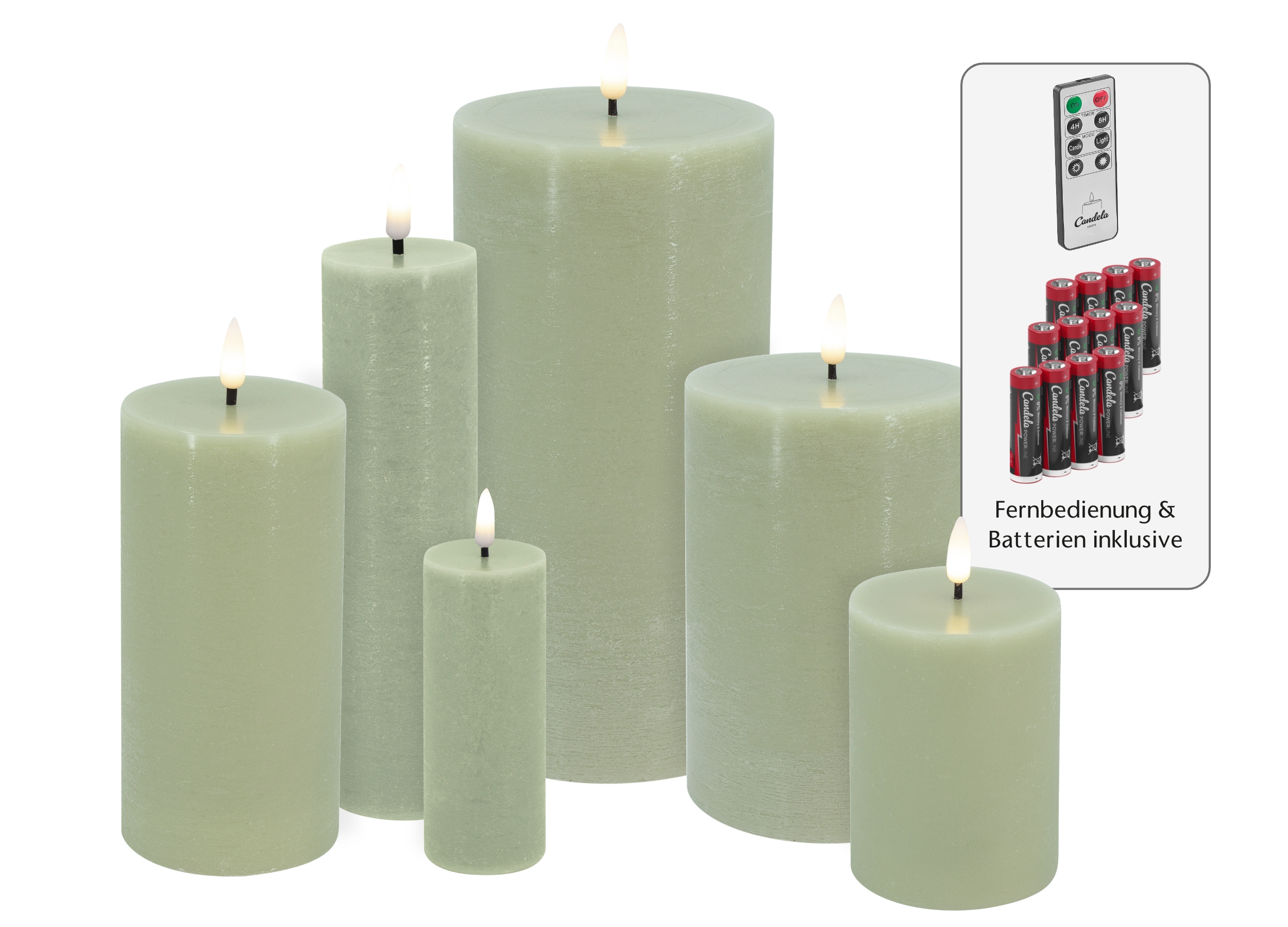 Candela Lights LED Kerzen 6er Set Basic Grün rustic Echtwachs inklusive Fernbedienung und 12 Batterien Timer Funktion & mehrstufig dimmbar flammenlos Echtwachskerzen Stumpenkerzen